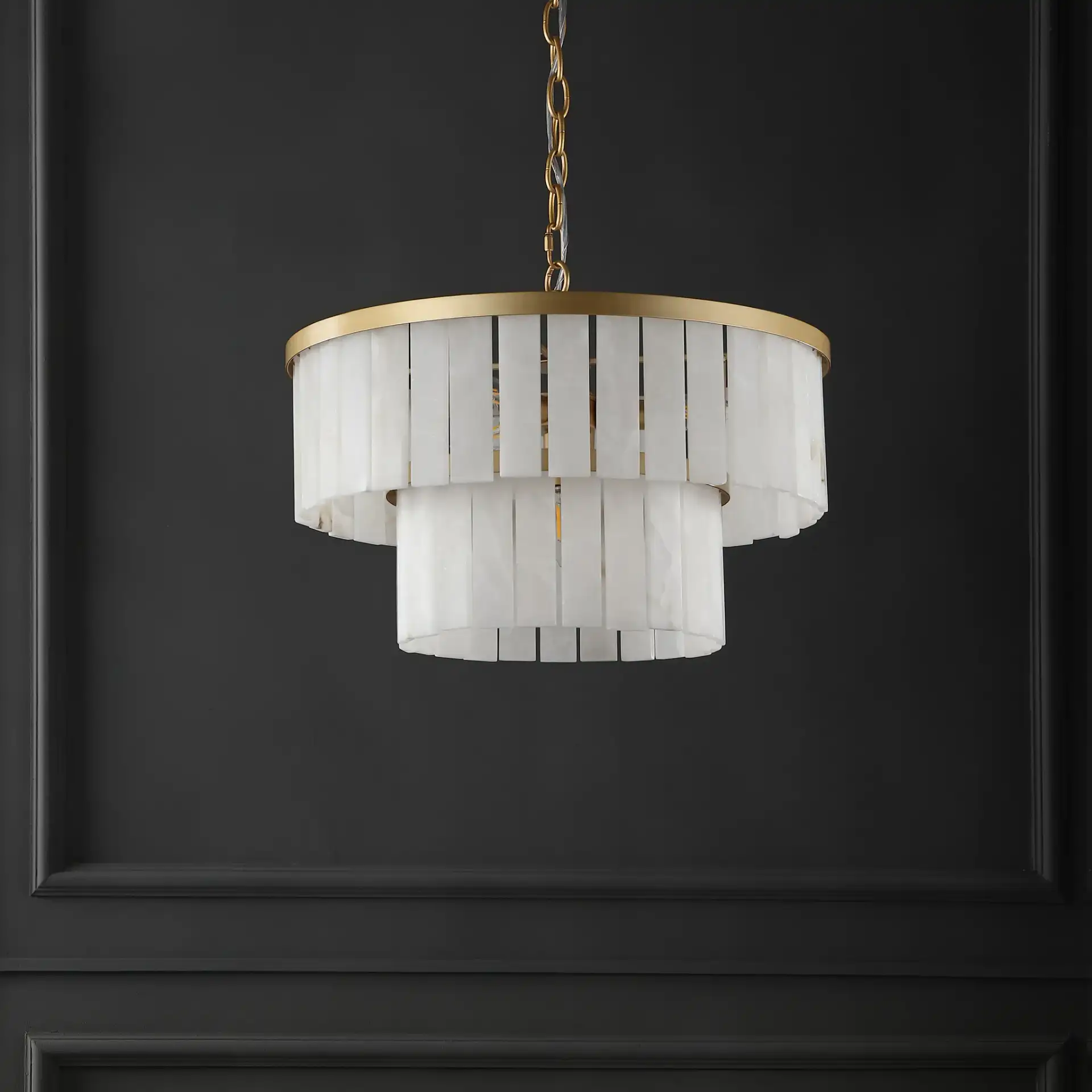 Kiandra Marble Two-Tier Chandelier in Gold / White in a styled room