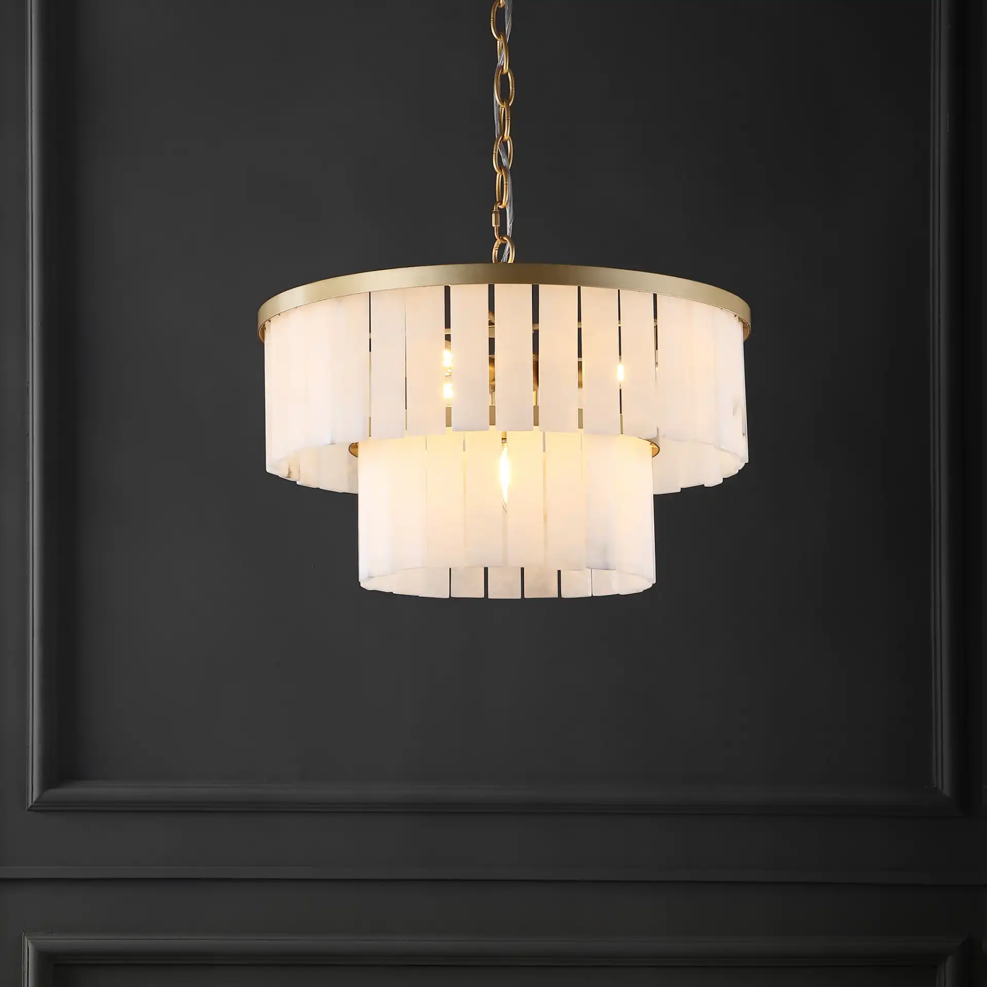Kiandra Marble Two-Tier Chandelier in Gold / White in a styled room
