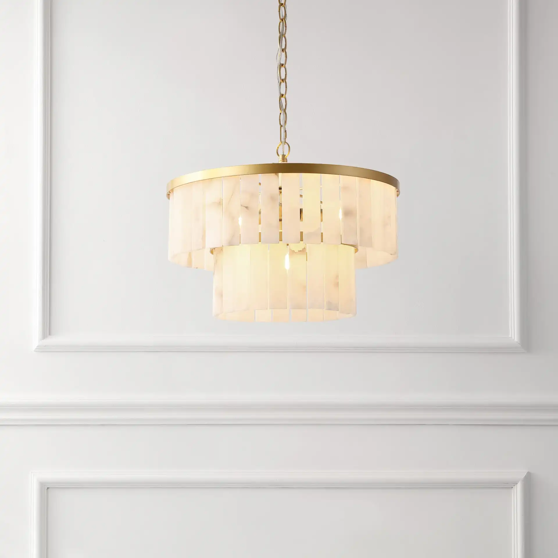 Kiandra Marble Two-Tier Chandelier in Gold / White in a styled room