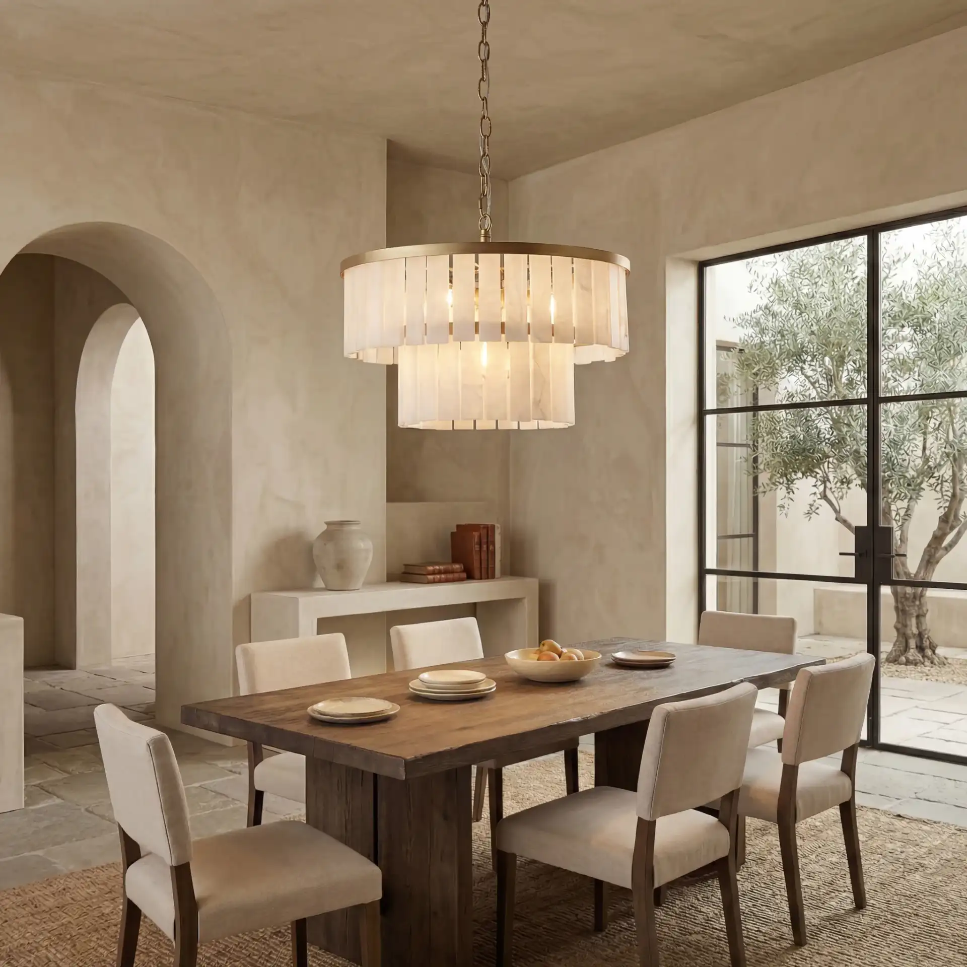Kiandra Marble Two-Tier Chandelier in Gold / White in a styled room