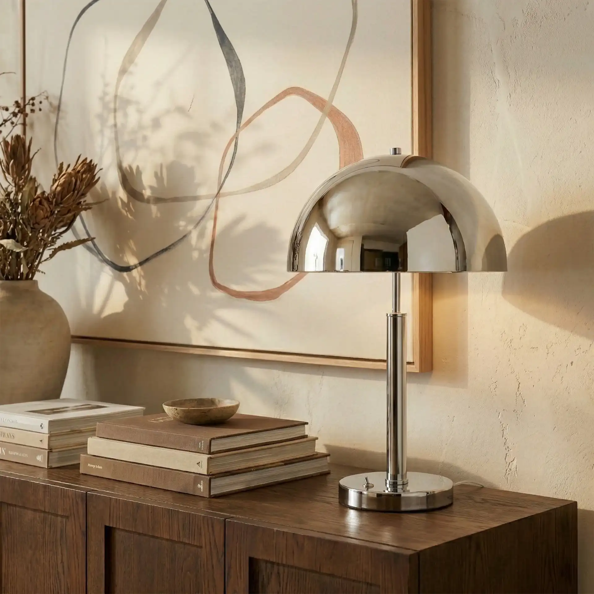 Harvey Metal Dome Table Lamp in Nickel in a styled room