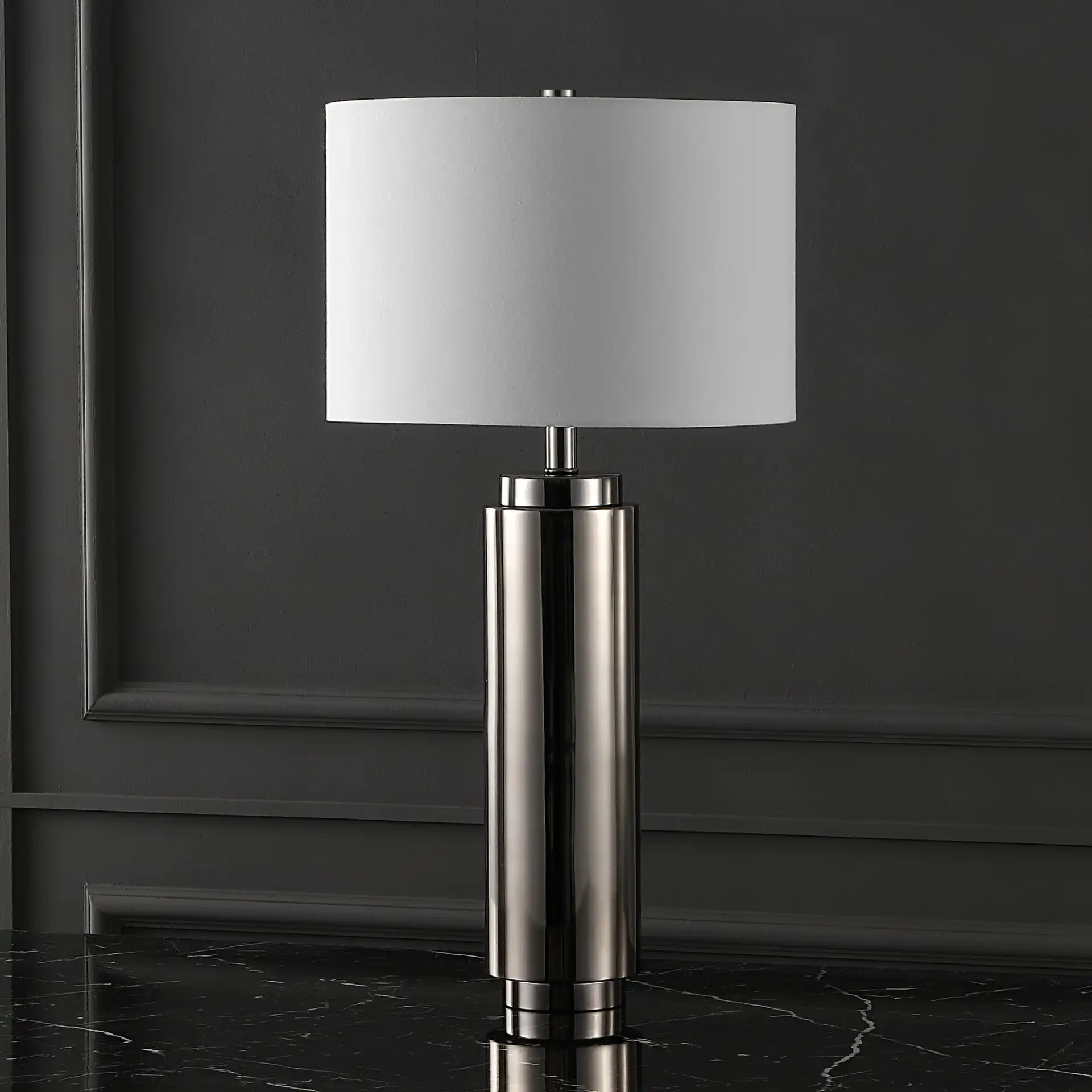 Terry Metal Pillar Table Lamp in Nickel / White in a styled room