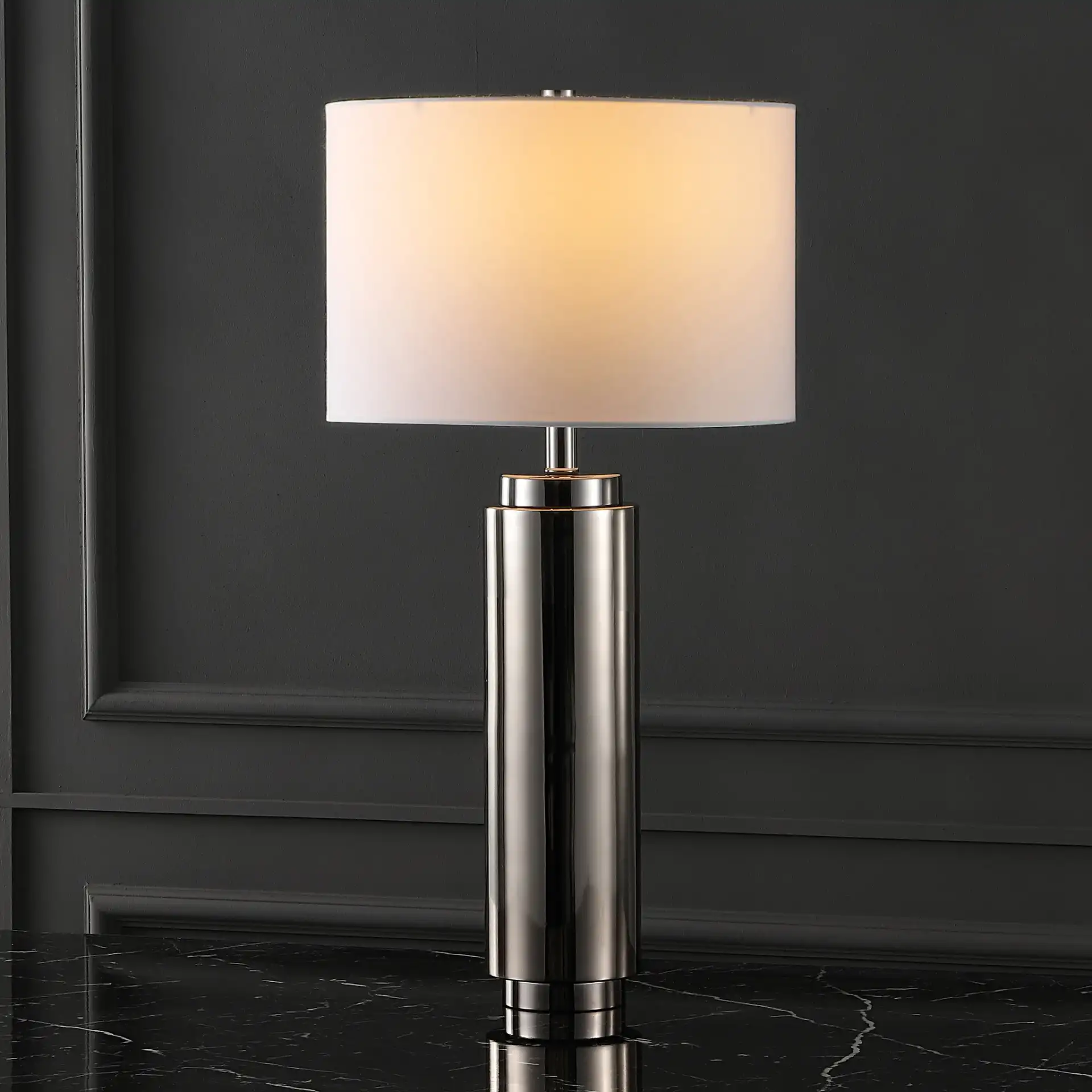 Terry Metal Pillar Table Lamp in Nickel / White in a styled room