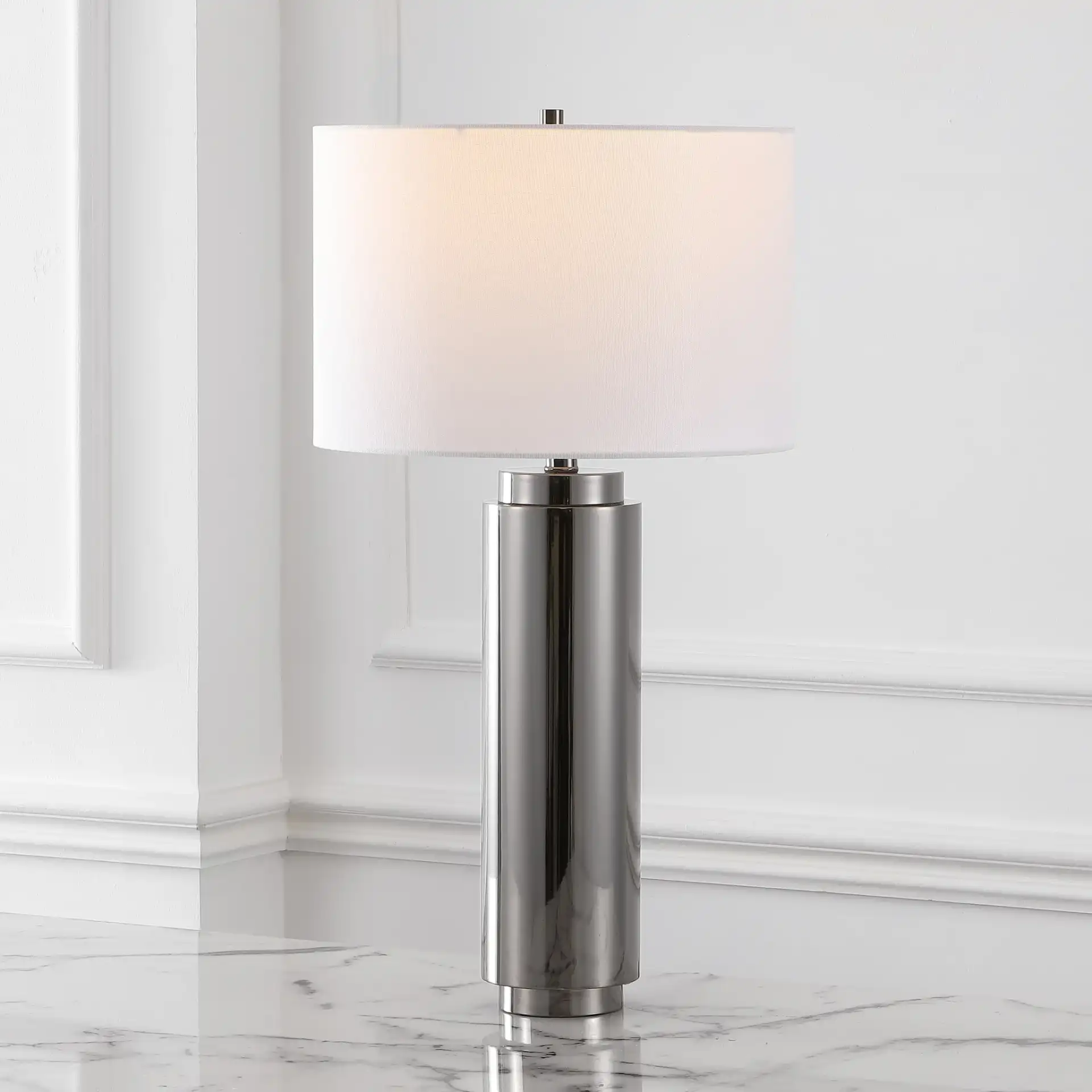 Terry Metal Pillar Table Lamp in Nickel / White in a styled room
