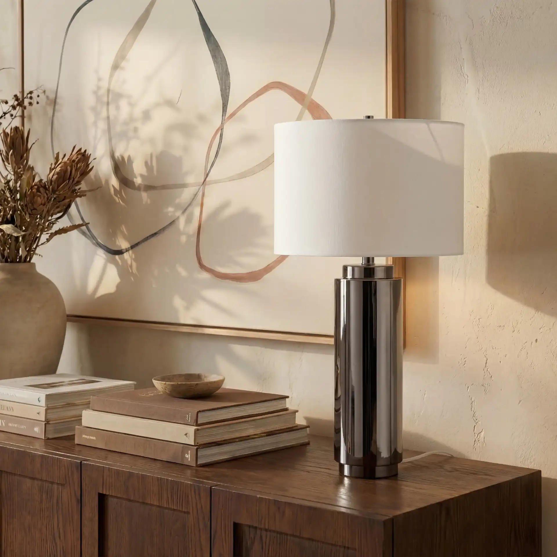 Terry Metal Pillar Table Lamp in Nickel / White in a styled room