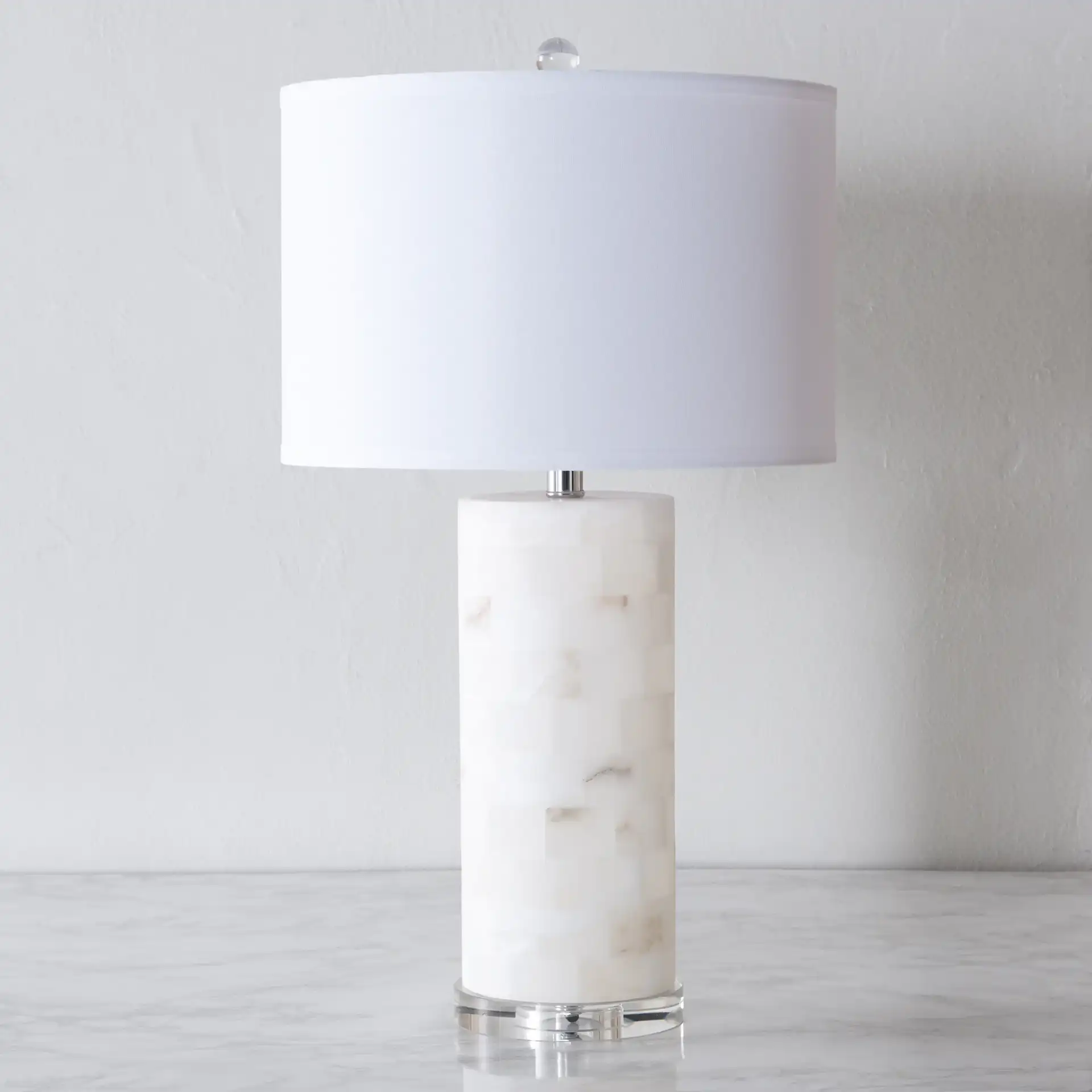 Massey Round Alabaster Table Lamp in White / Chrome in a styled room