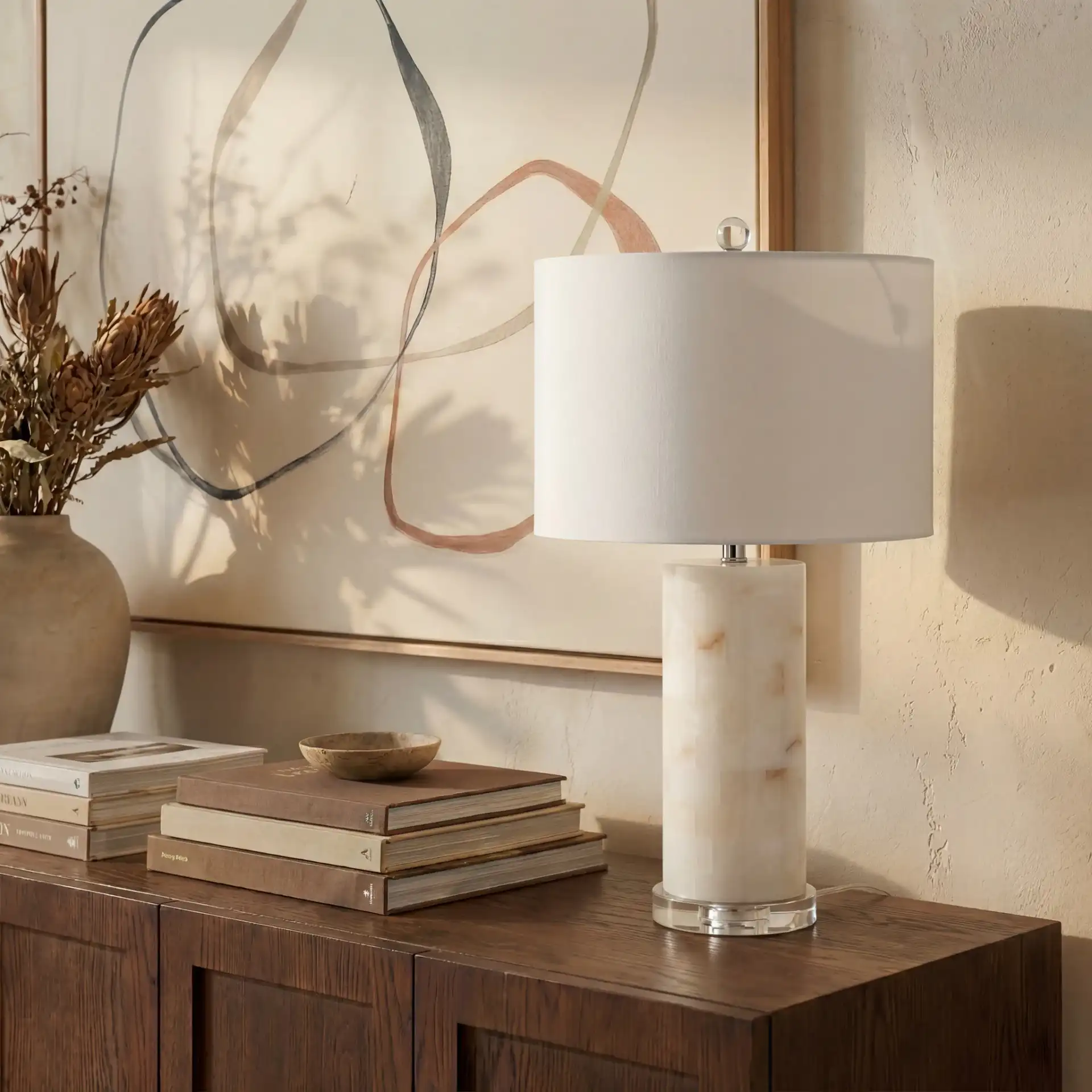 Massey Round Alabaster Table Lamp in White / Chrome in a styled room