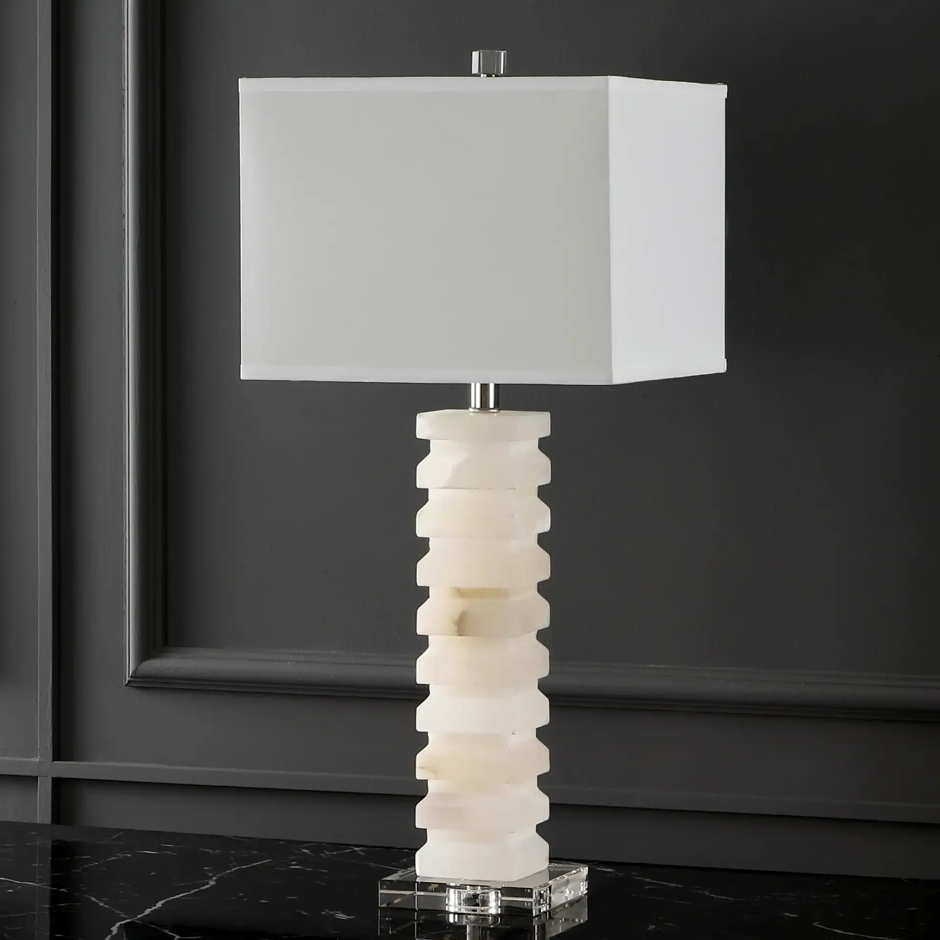 Anita Alabaster Table Lamp in White in a styled room