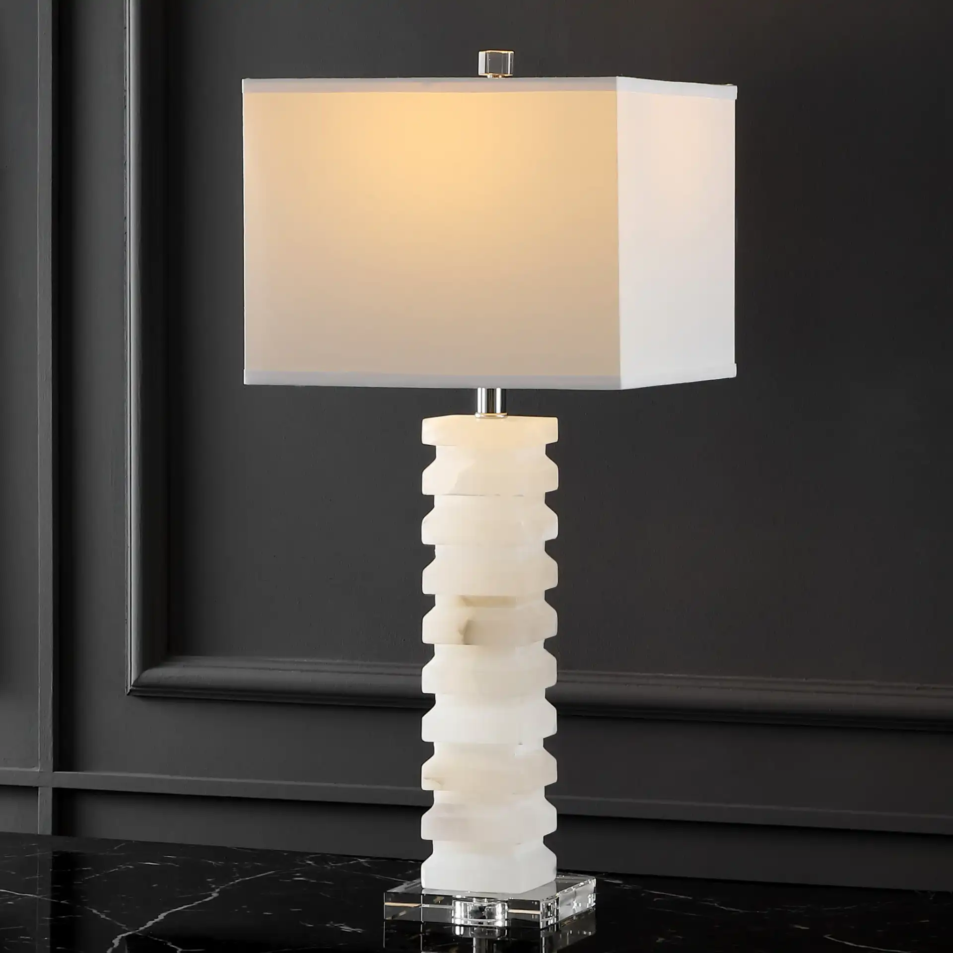 Anita Alabaster Table Lamp in White in a styled room