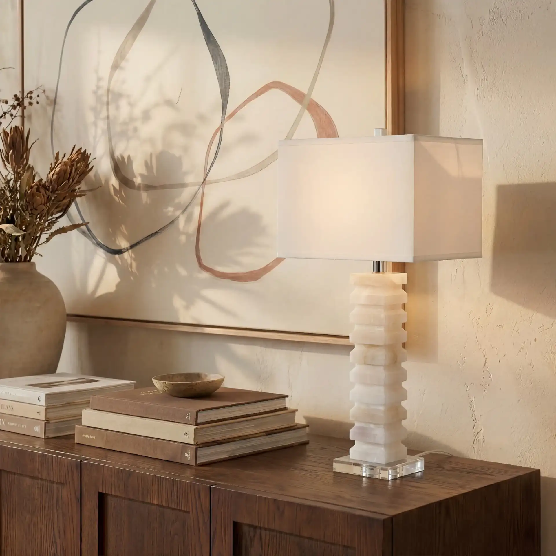 Anita Alabaster Table Lamp in White in a styled room