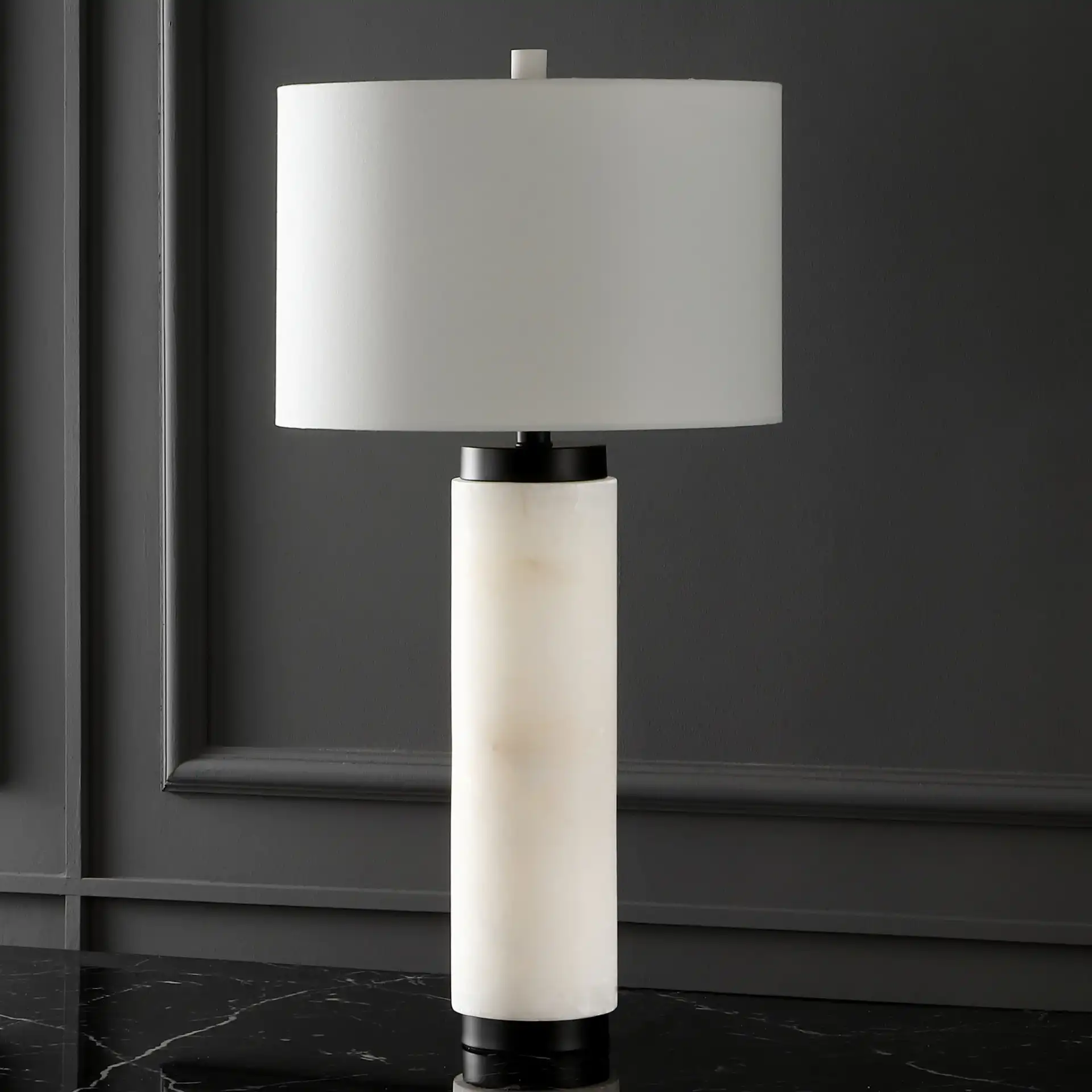 Sydni Alabaster Pillar Table Lamp in White in a styled room