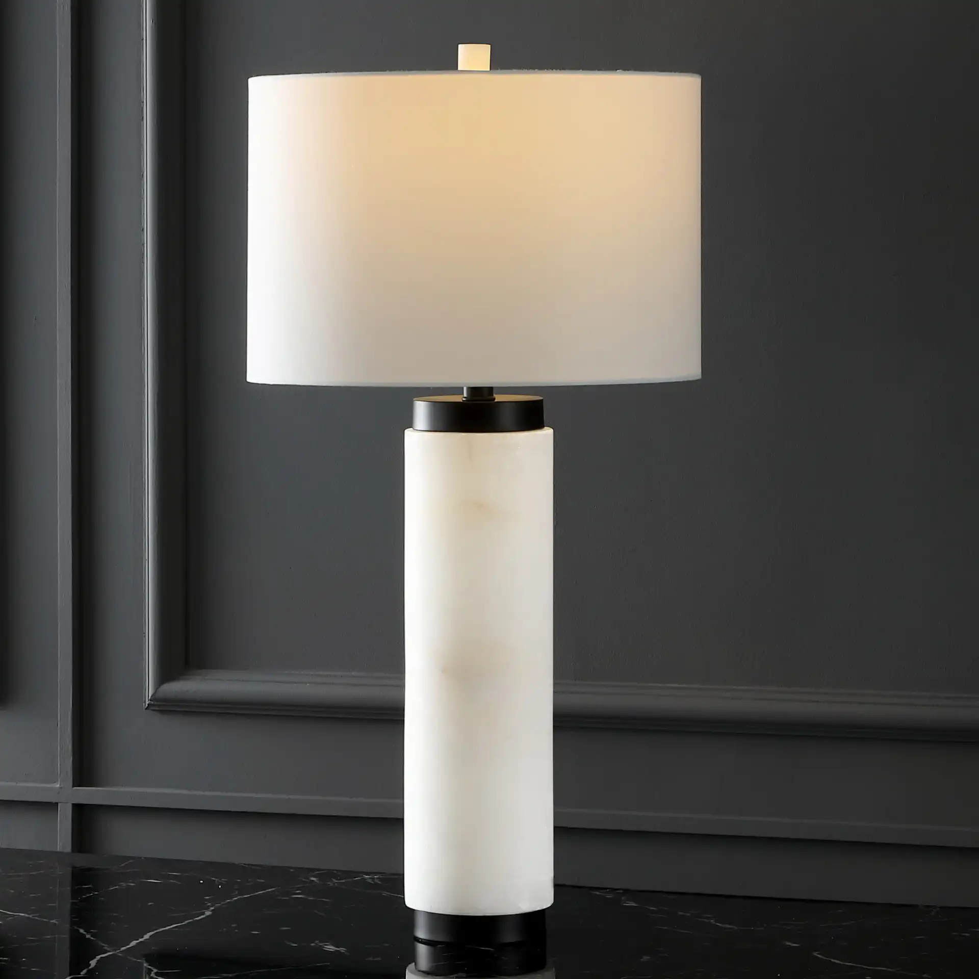 Sydni Alabaster Pillar Table Lamp in White in a styled room