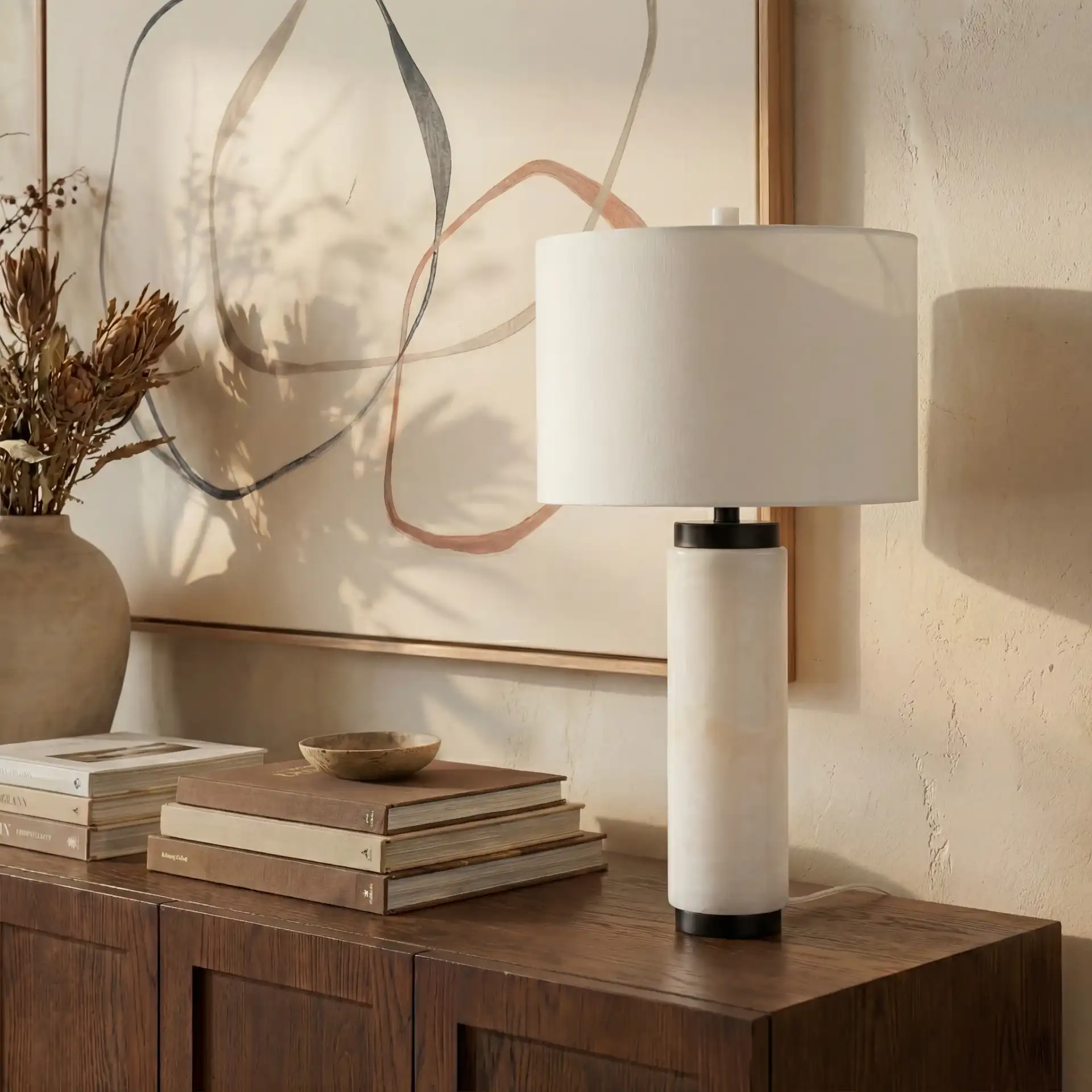 Sydni Alabaster Pillar Table Lamp in White in a styled room