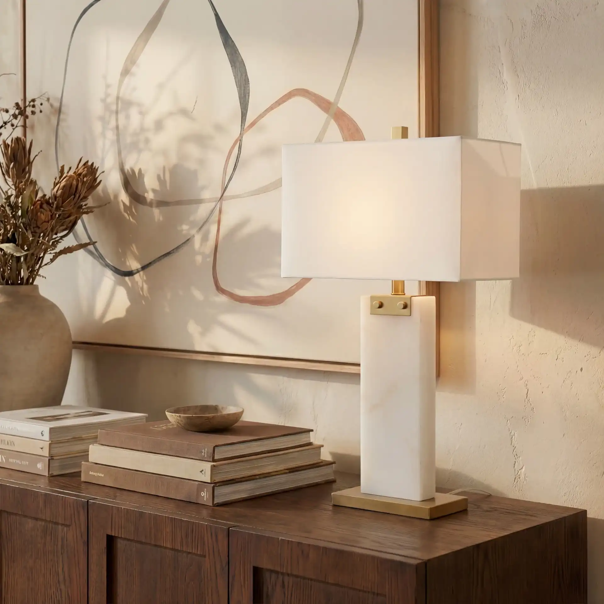 Morgen Alabaster Table Lamp in White / Gold in a styled room