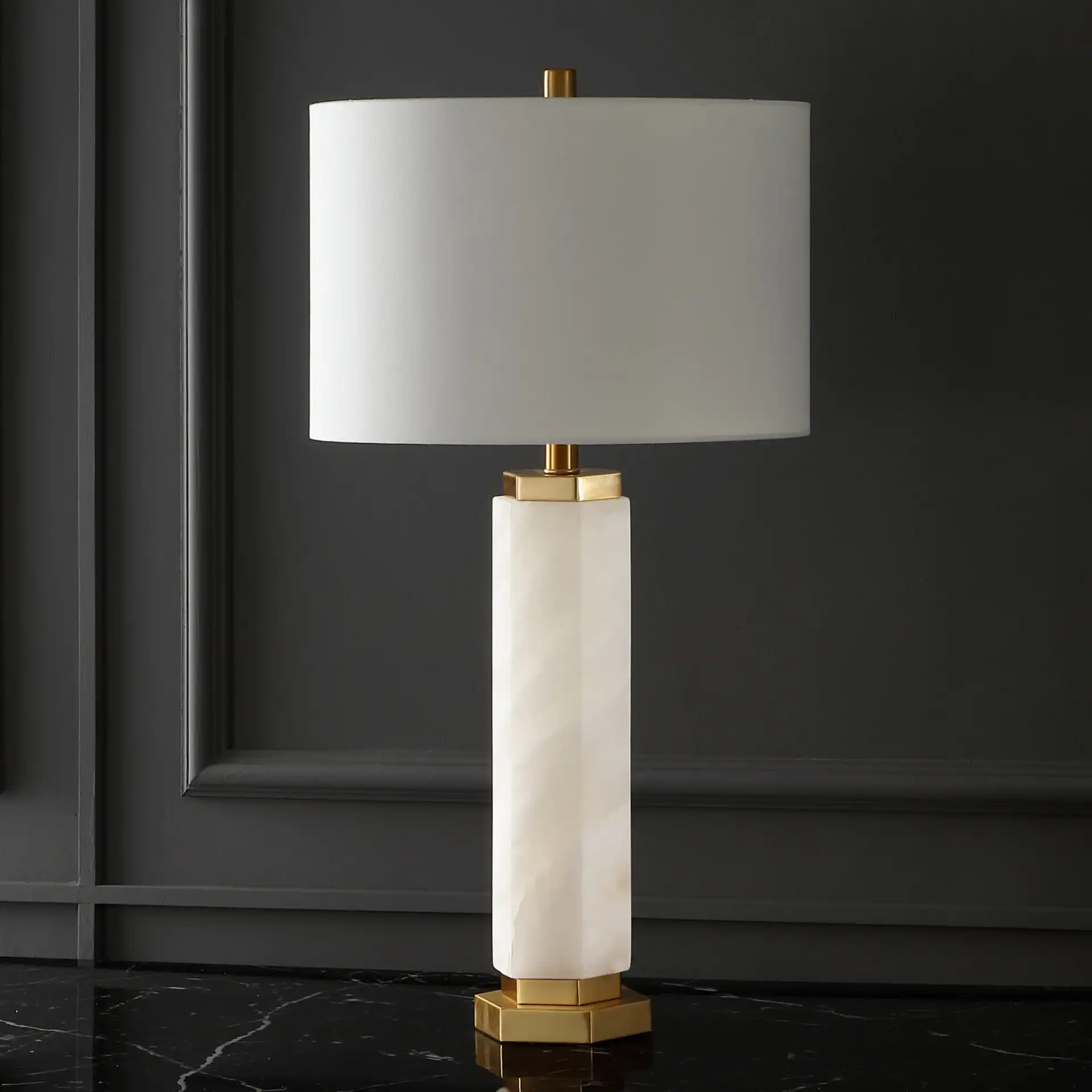 Lynsey Alabaster Table Lamp in Gold / White in a styled room