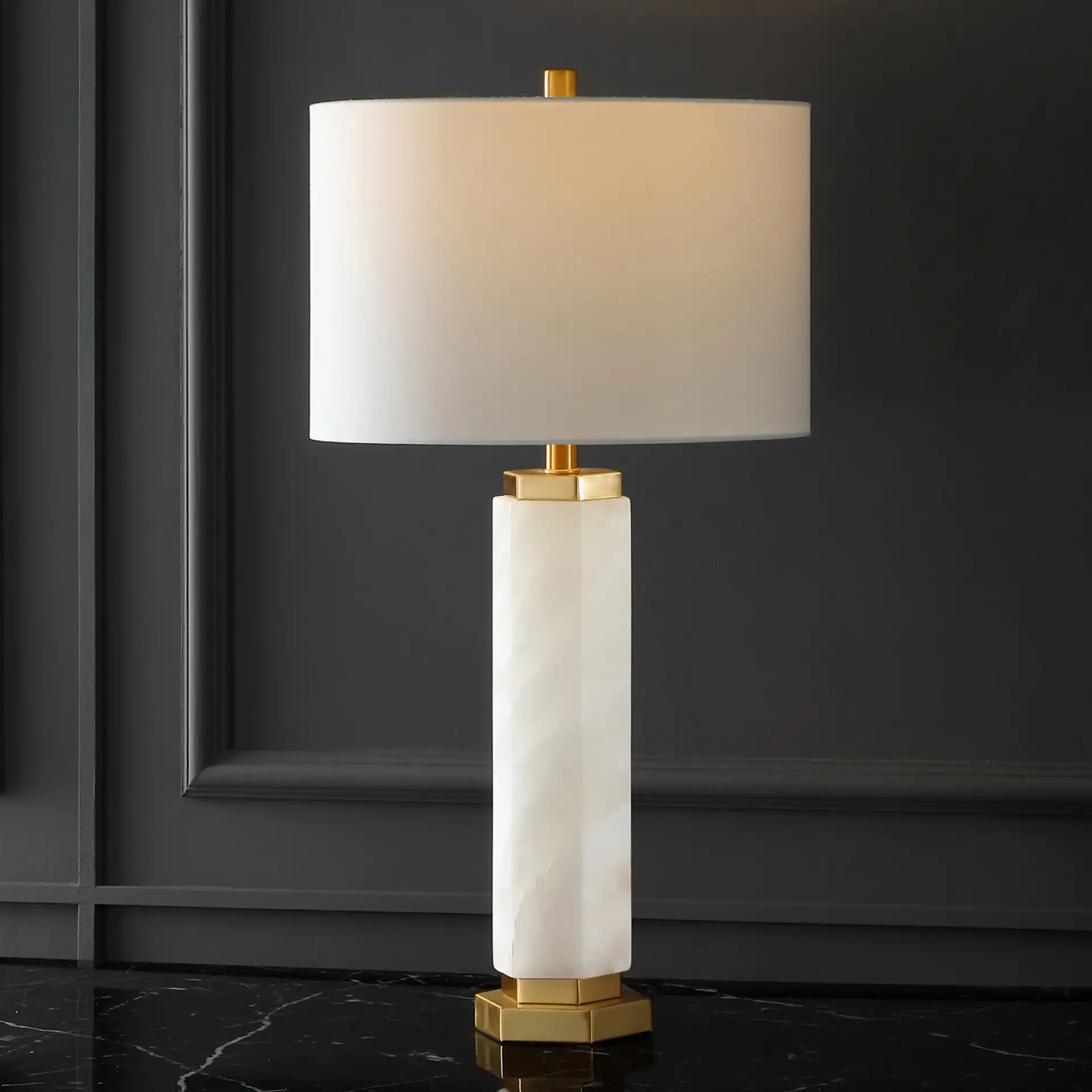 Lynsey Alabaster Table Lamp in Gold / White in a styled room