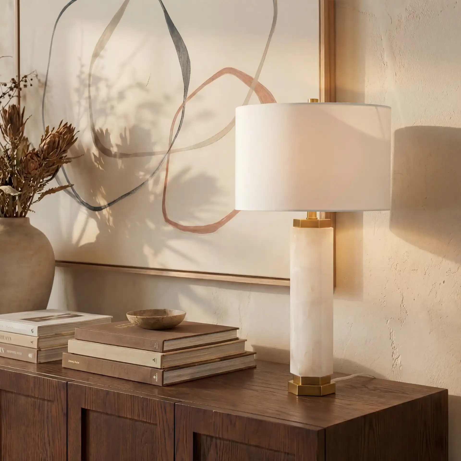 Lynsey Alabaster Table Lamp in Gold / White in a styled room