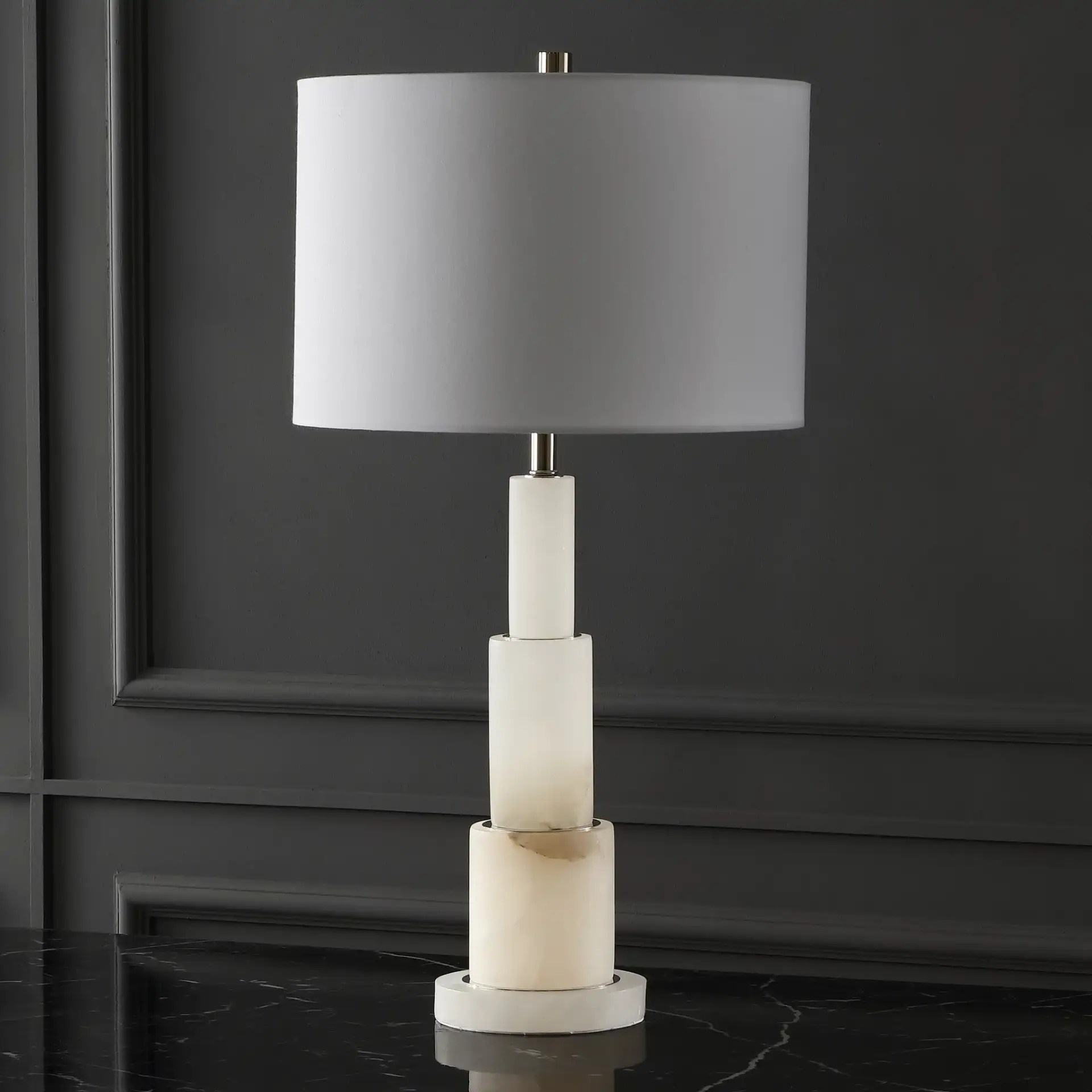 Gardiner Alabaster Table Lamp in White / Gold in a styled room