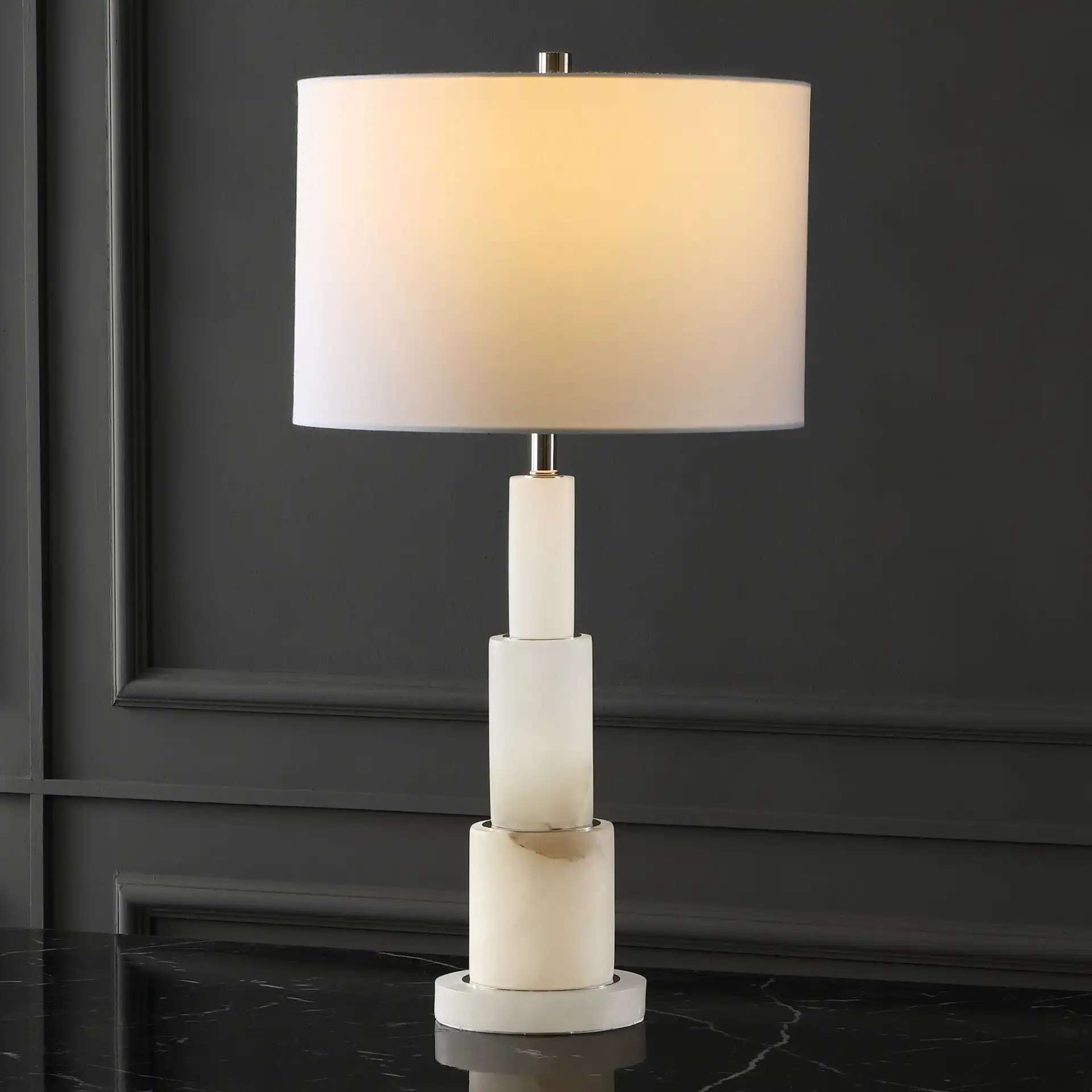 Gardiner Alabaster Table Lamp in White / Gold in a styled room