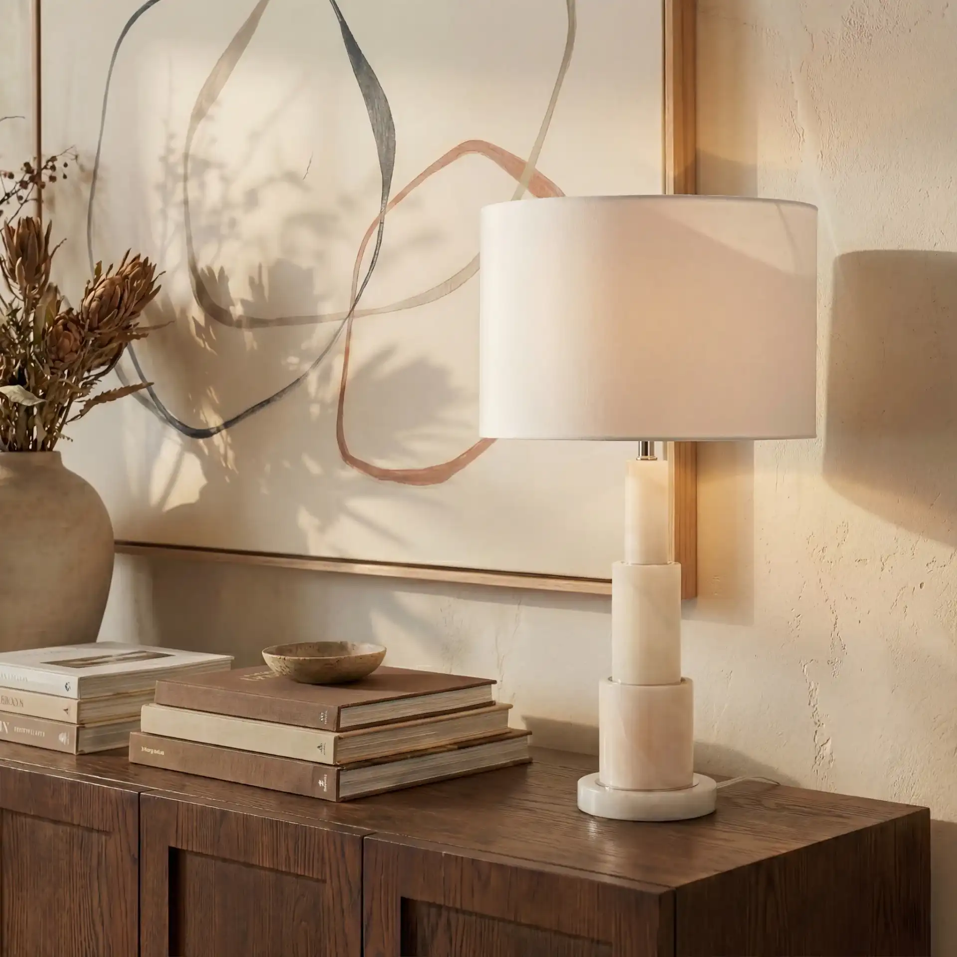 Gardiner Alabaster Table Lamp in White / Gold in a styled room