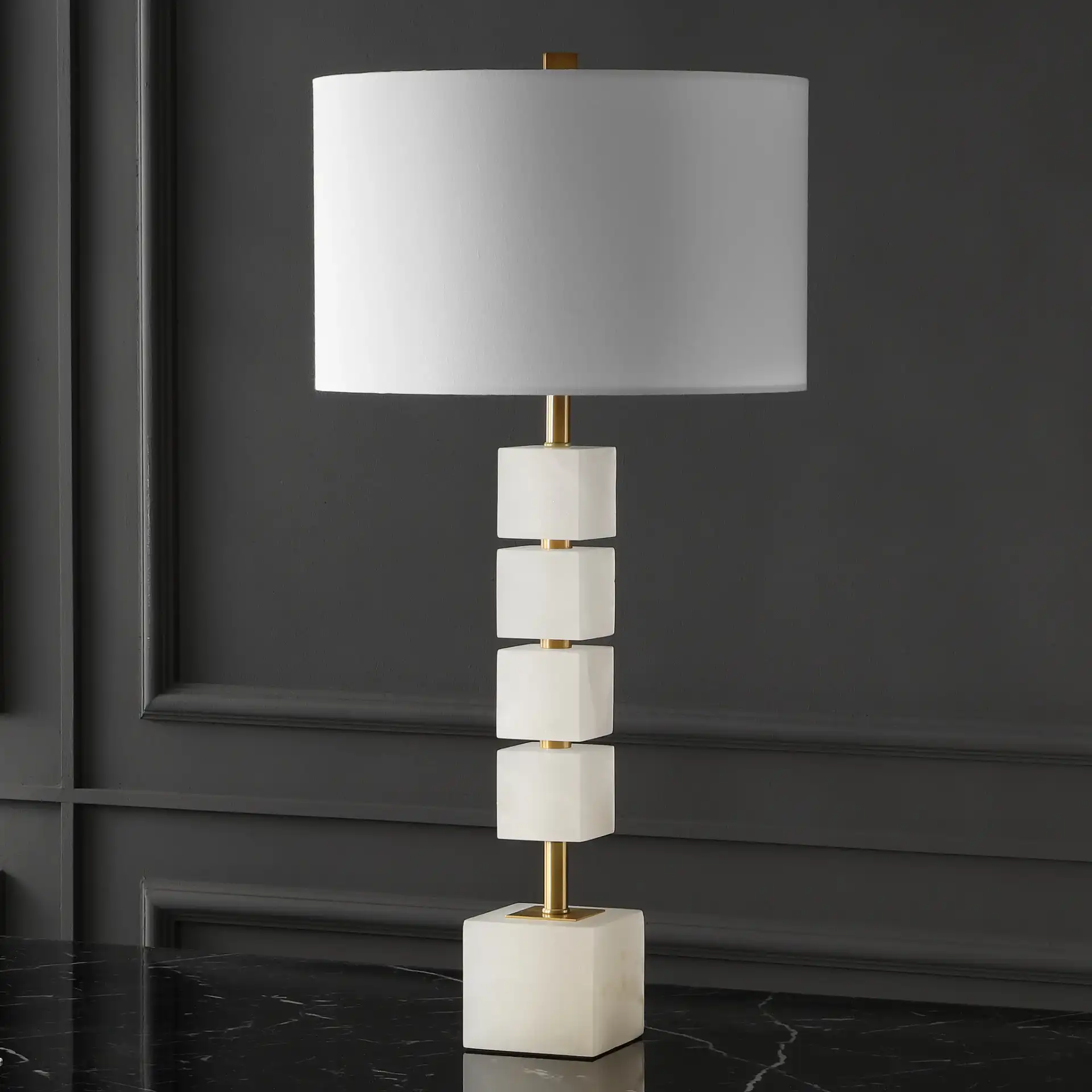 Johnny Alabaster Table Lamp in White / Gold in a styled room