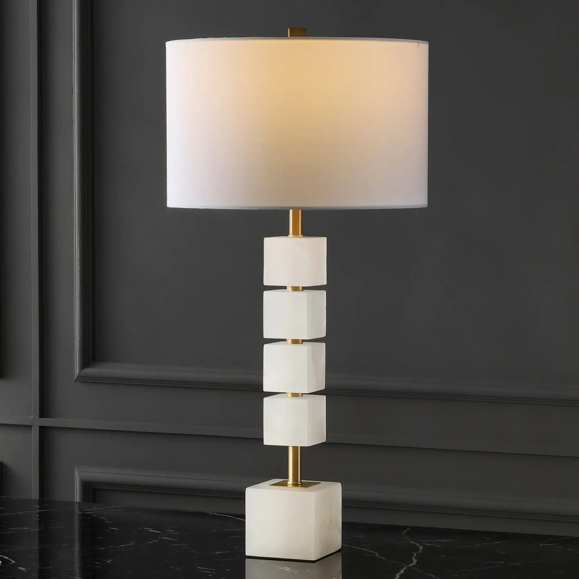 Johnny Alabaster Table Lamp in White / Gold in a styled room