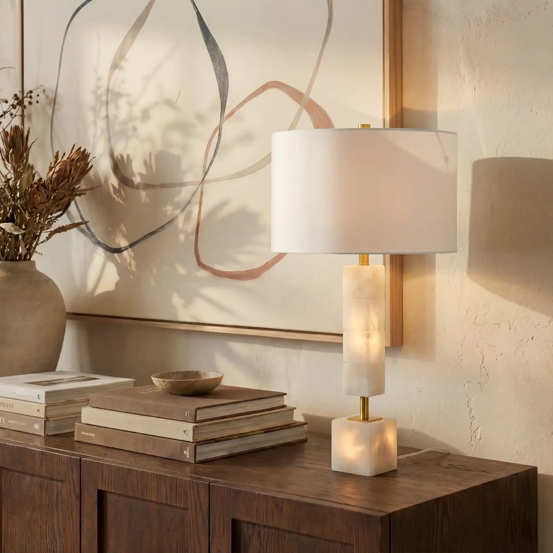 Johnny Alabaster Table Lamp in White / Gold in a styled room