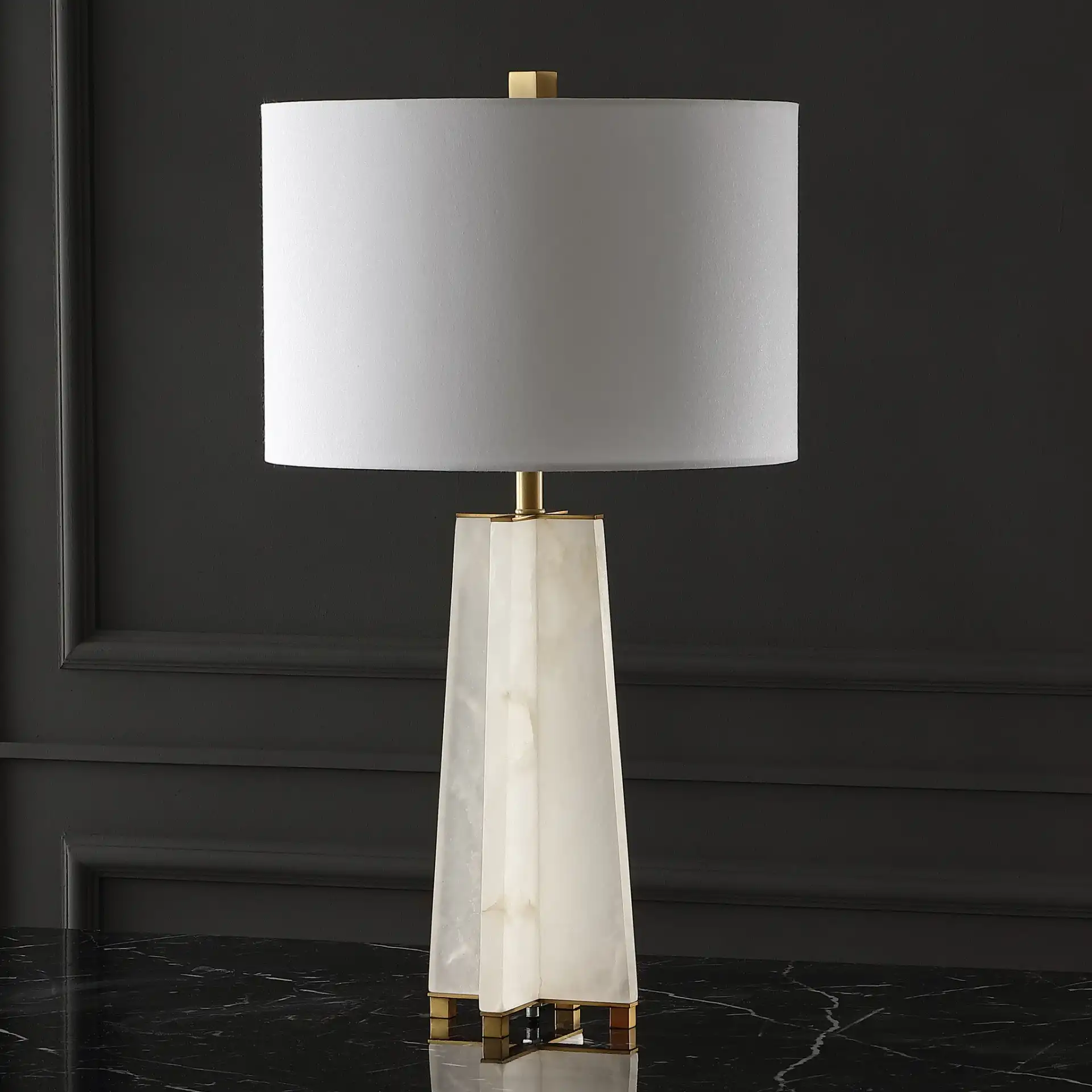 Gracellen Alabaster Table Lamp in White / Gold in a styled room
