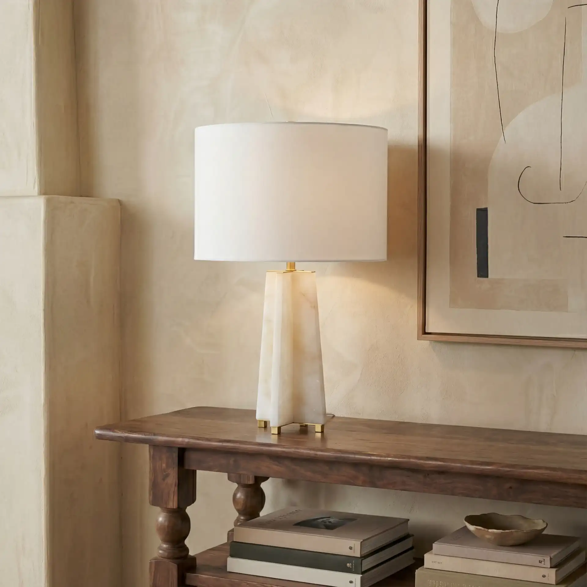Gracellen Alabaster Table Lamp in White / Gold in a styled room