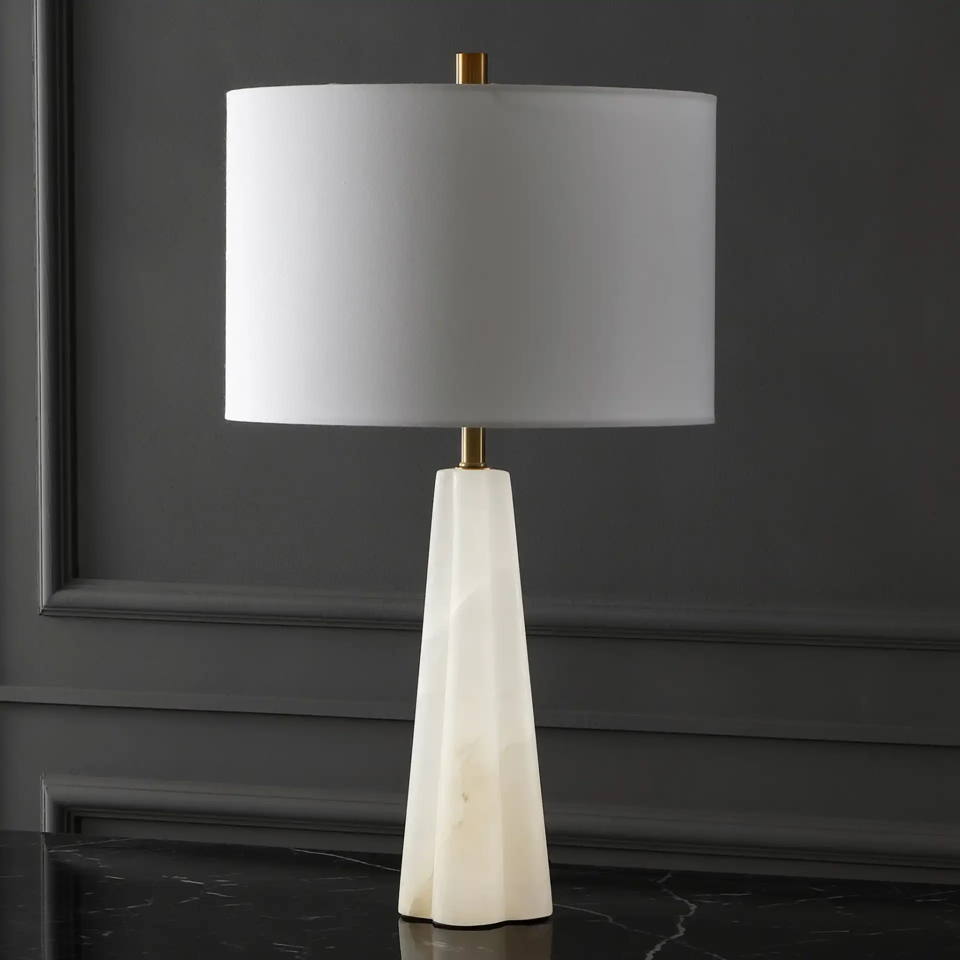 Aaron Alabaster Table Lamp in White / Gold in a styled room