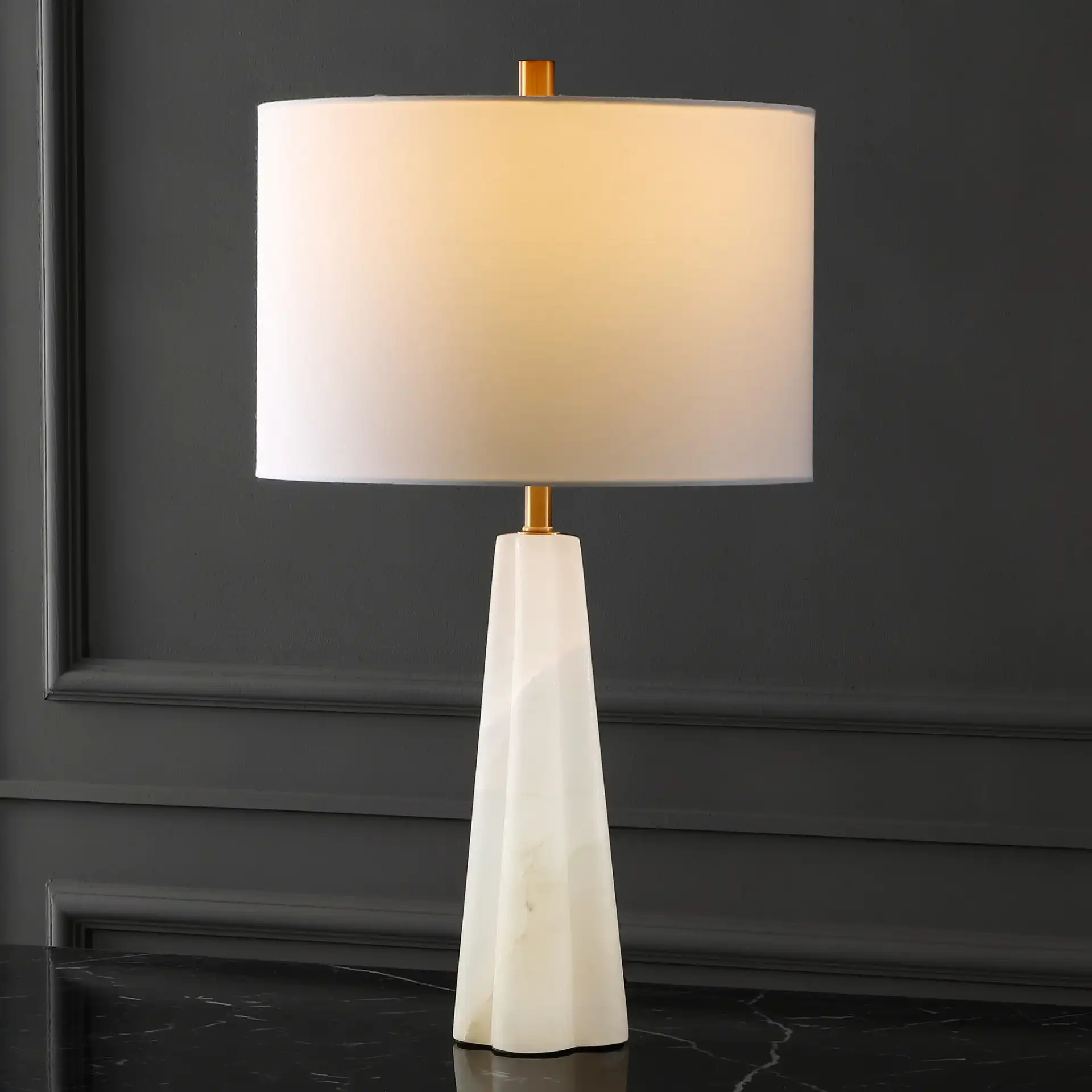 Aaron Alabaster Table Lamp in White / Gold in a styled room