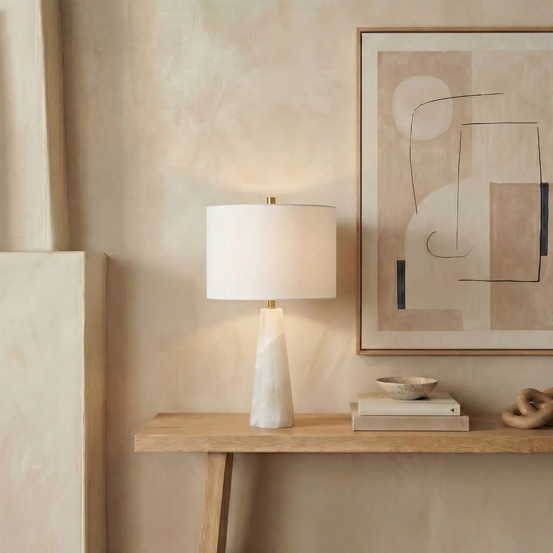 Aaron Alabaster Table Lamp in White / Gold in a styled room