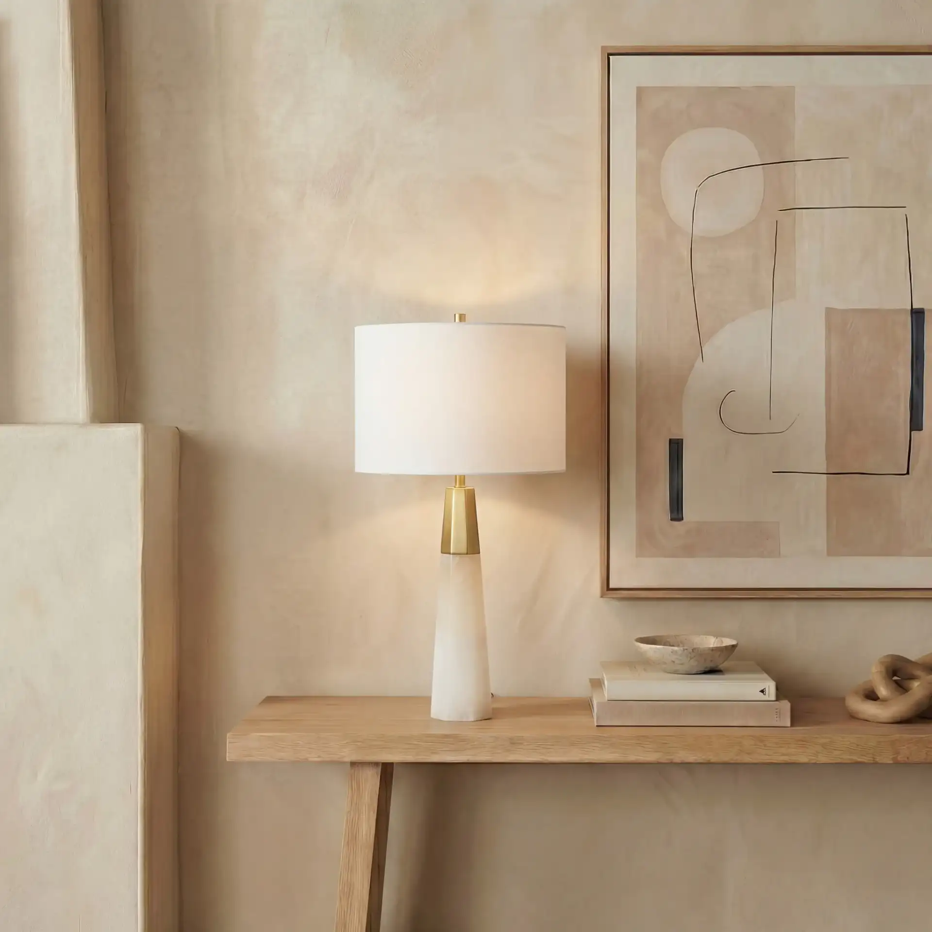 Toto Alabaster Table Lamp in White / Gold in a styled room