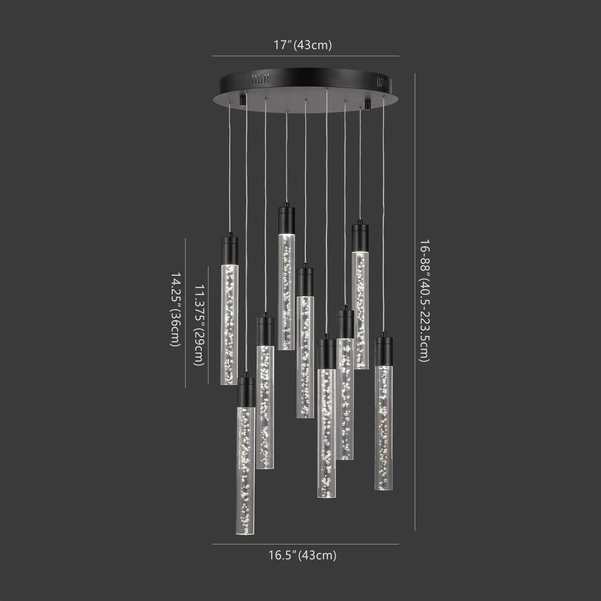 Nicolle Acrylic Nine-Light Chandelier in Black, detail view
