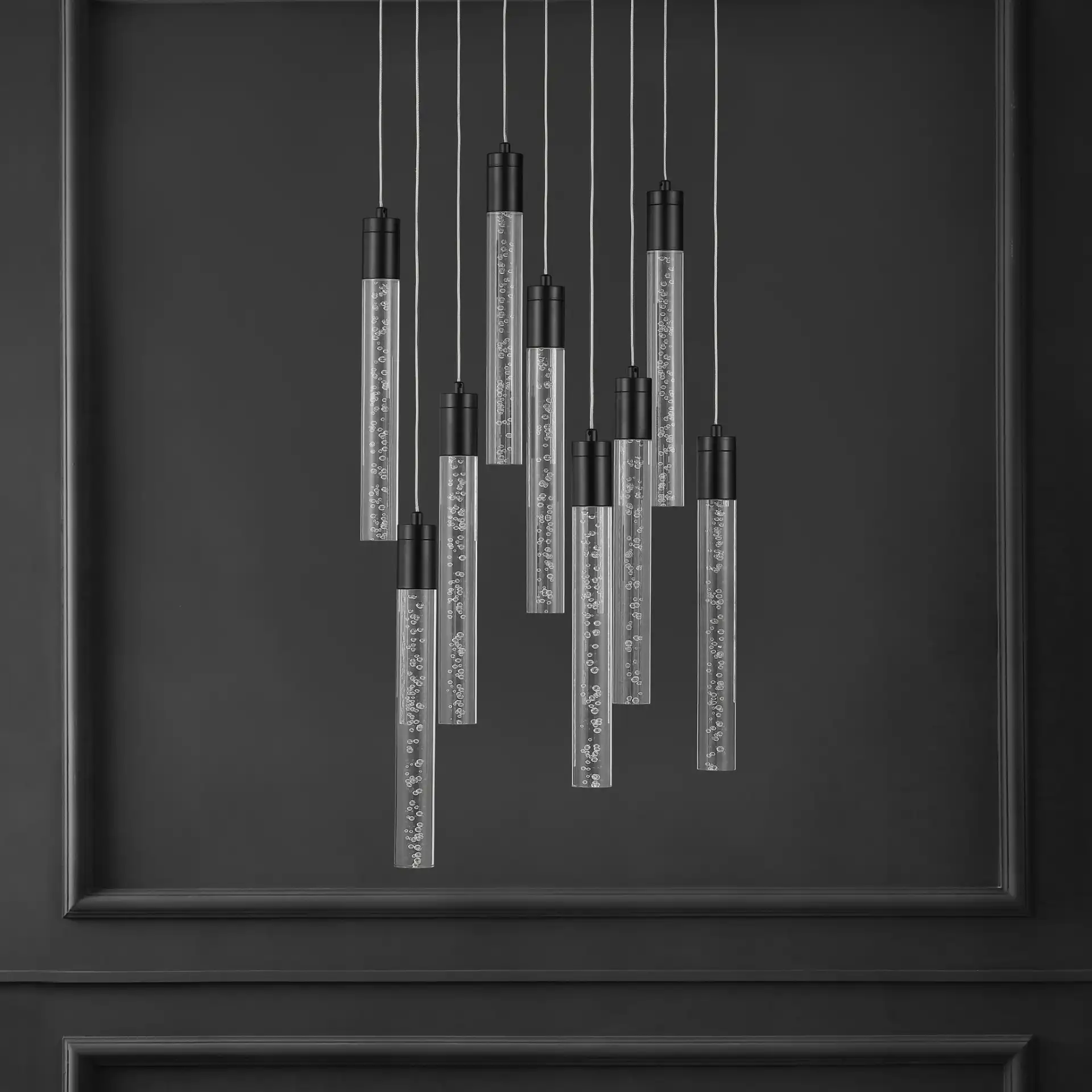 Nicolle Acrylic Nine-Light Chandelier in Black in a styled room