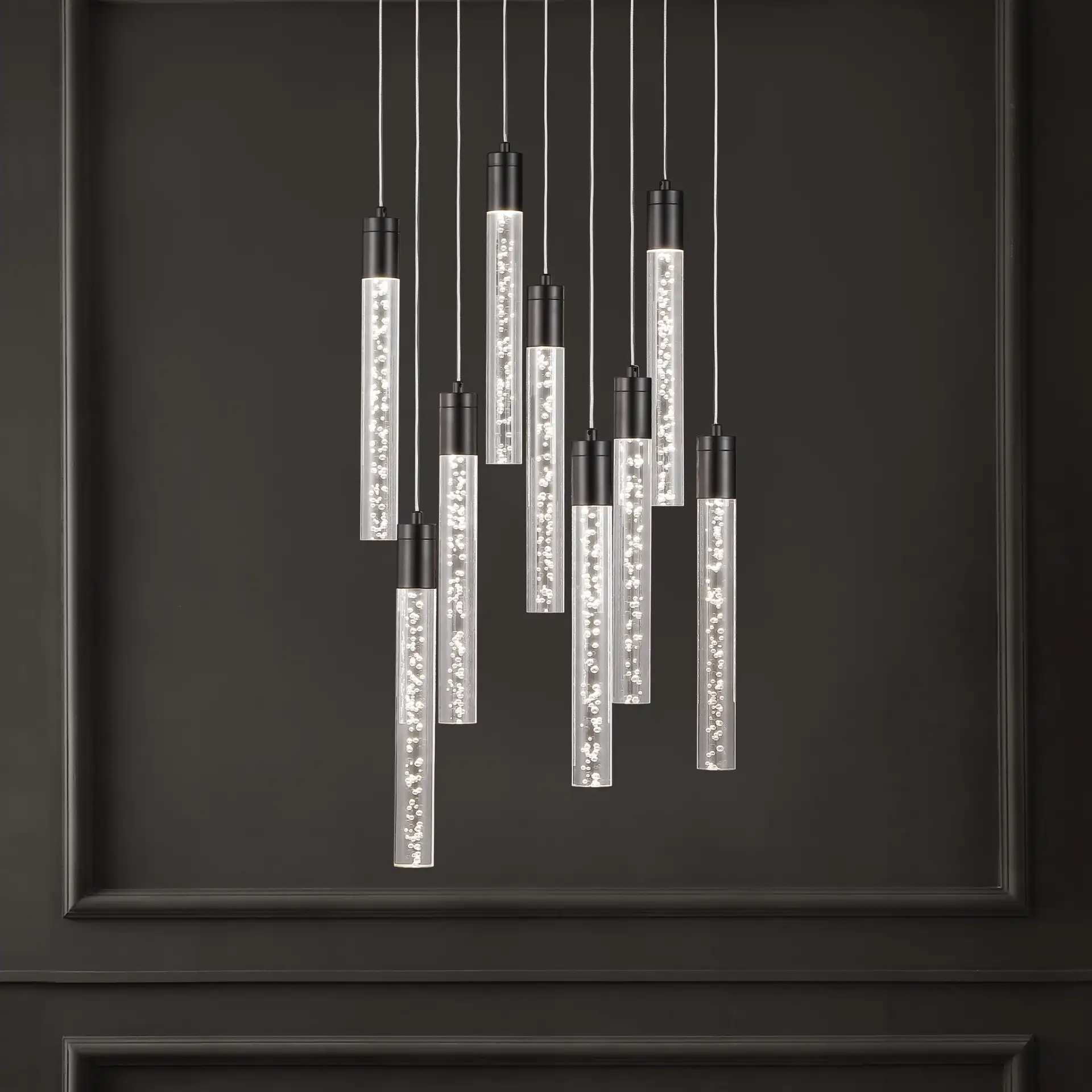 Nicolle Acrylic Nine-Light Chandelier in Black in a styled room