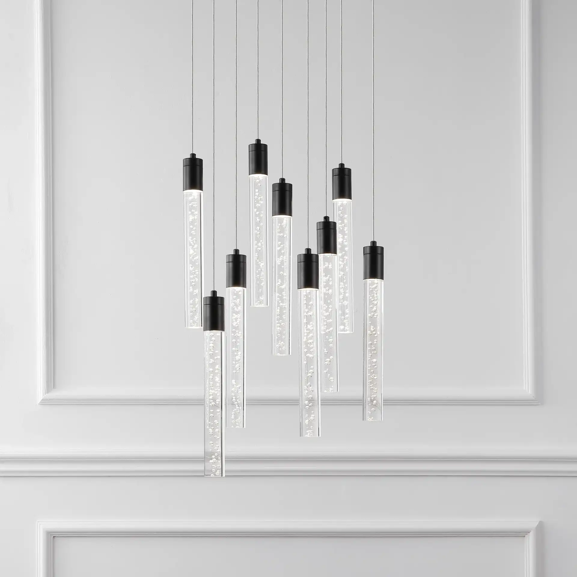 Nicolle Acrylic Nine-Light Chandelier in Black in a styled room