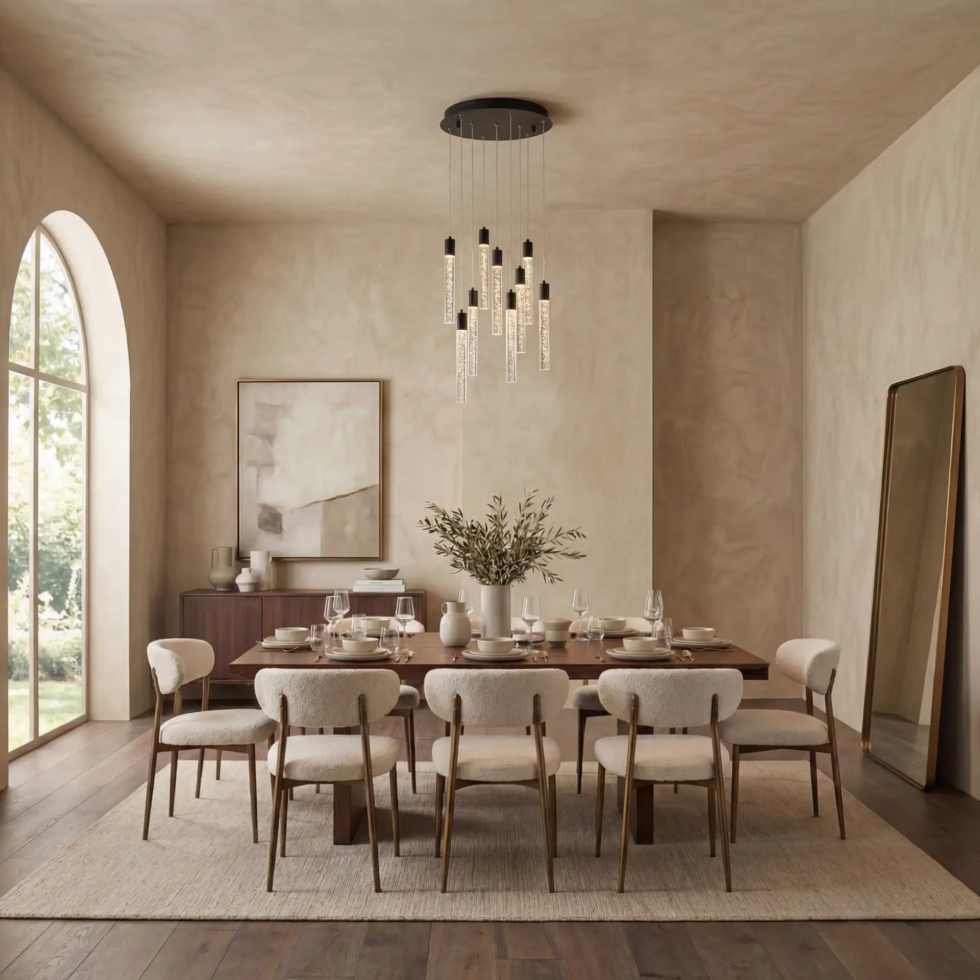Nicolle Acrylic Nine-Light Chandelier in Black in a styled room
