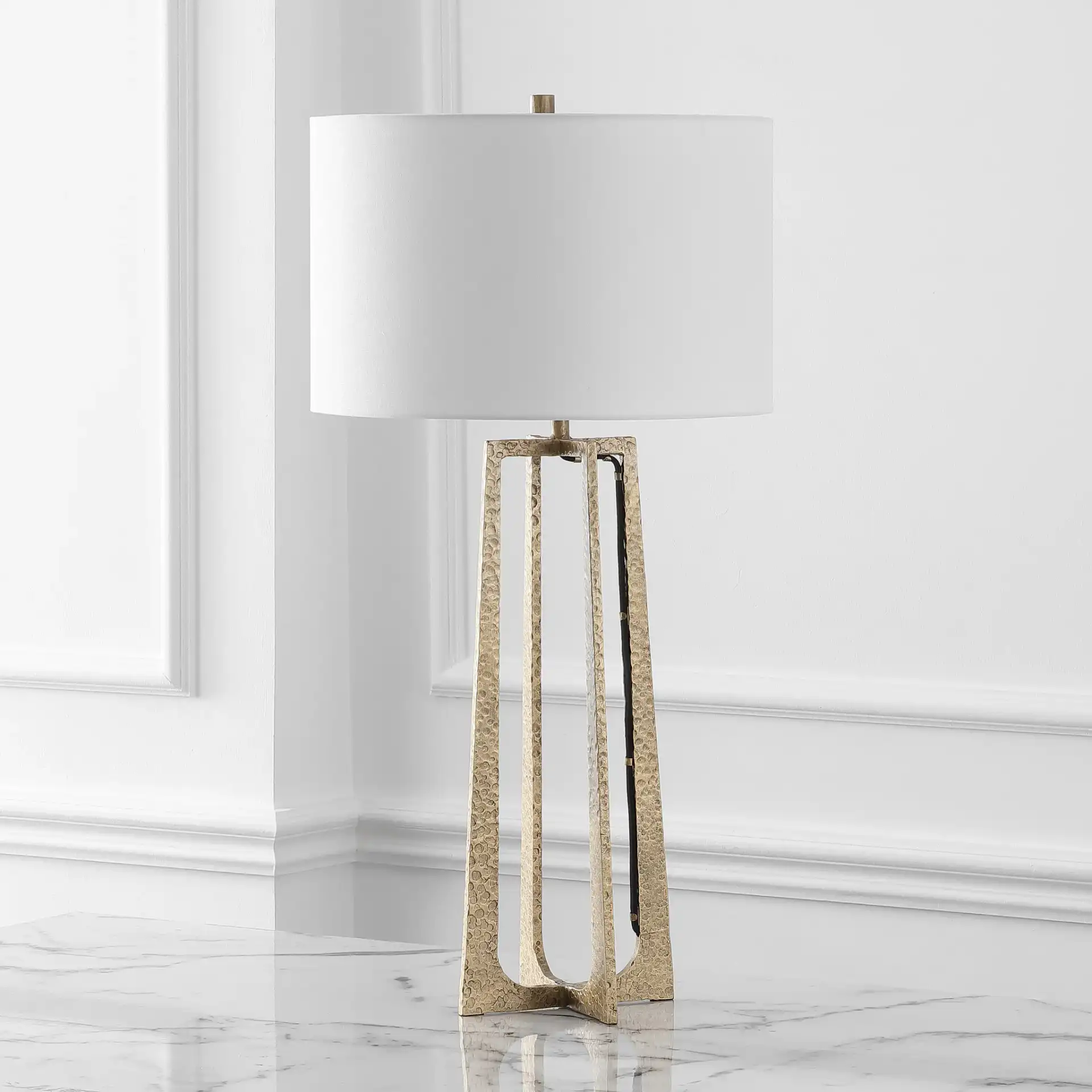 Jessa Metal Base Table Lamp in Black / White in a styled room