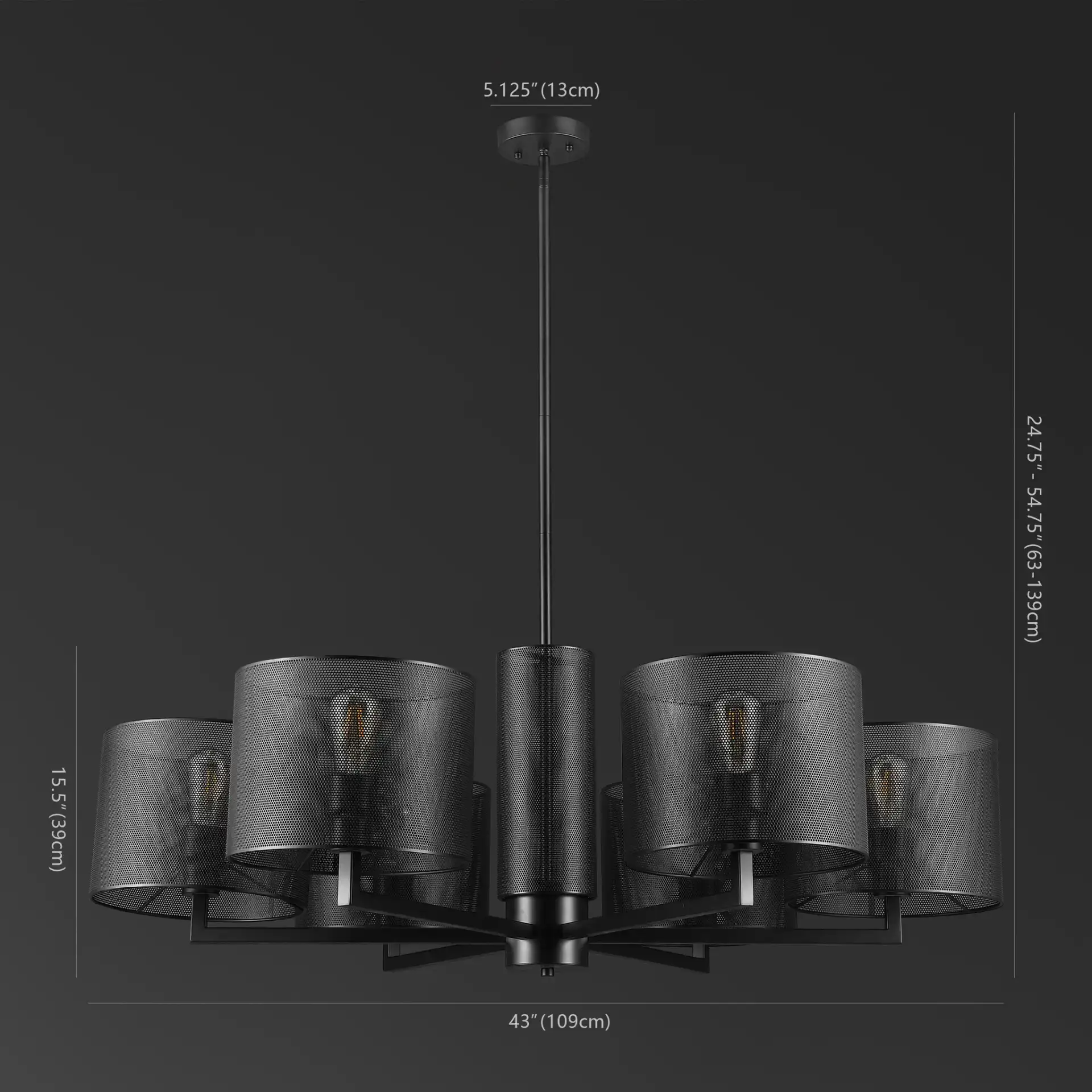 Zachaeus Six-Light Metal Chandelier in Black, detail view