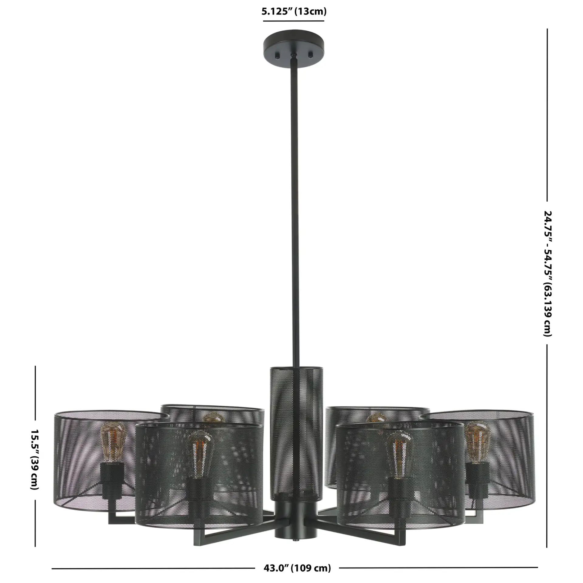 Zachaeus Six-Light Metal Chandelier in Black, detail view