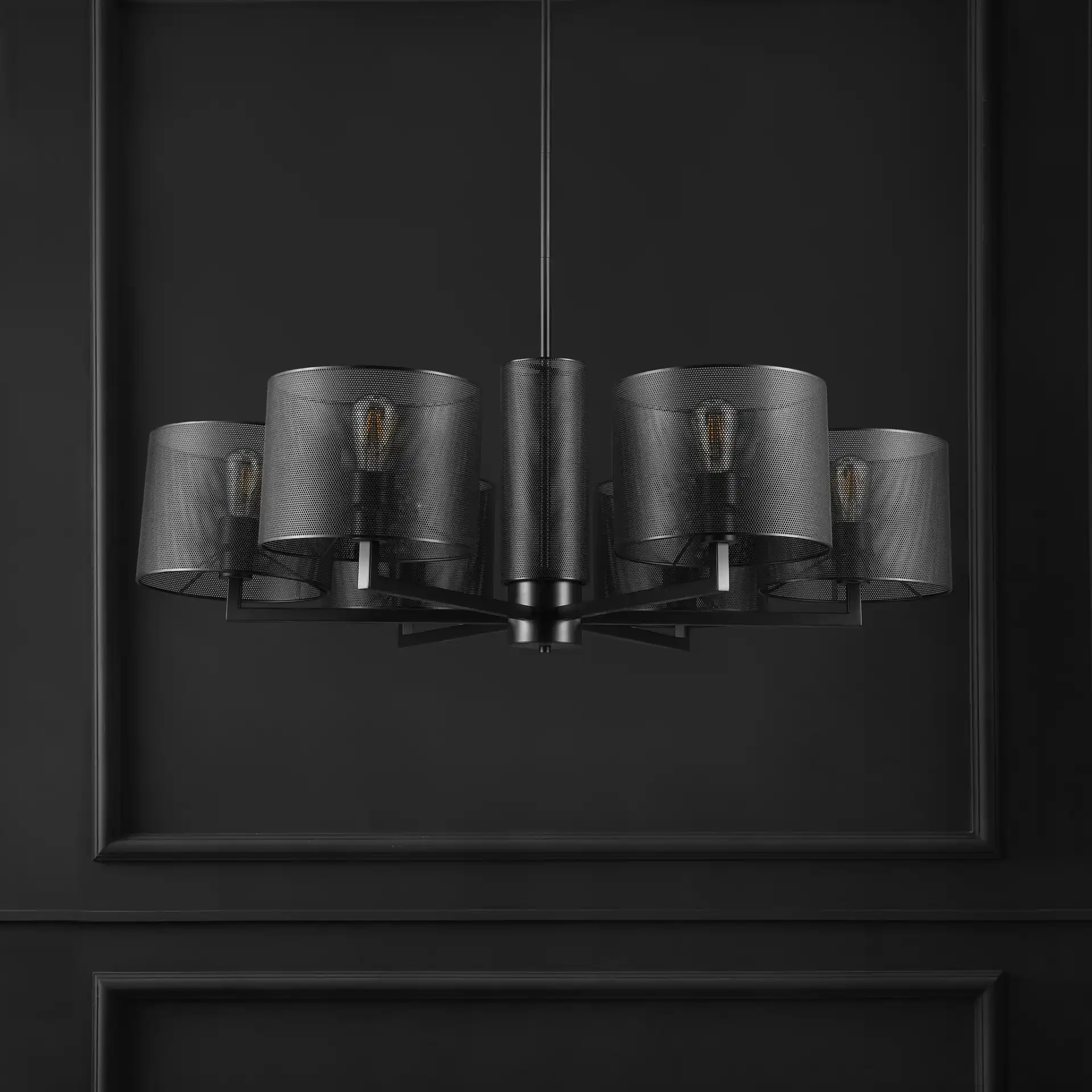Zachaeus Six-Light Metal Chandelier in Black in a styled room