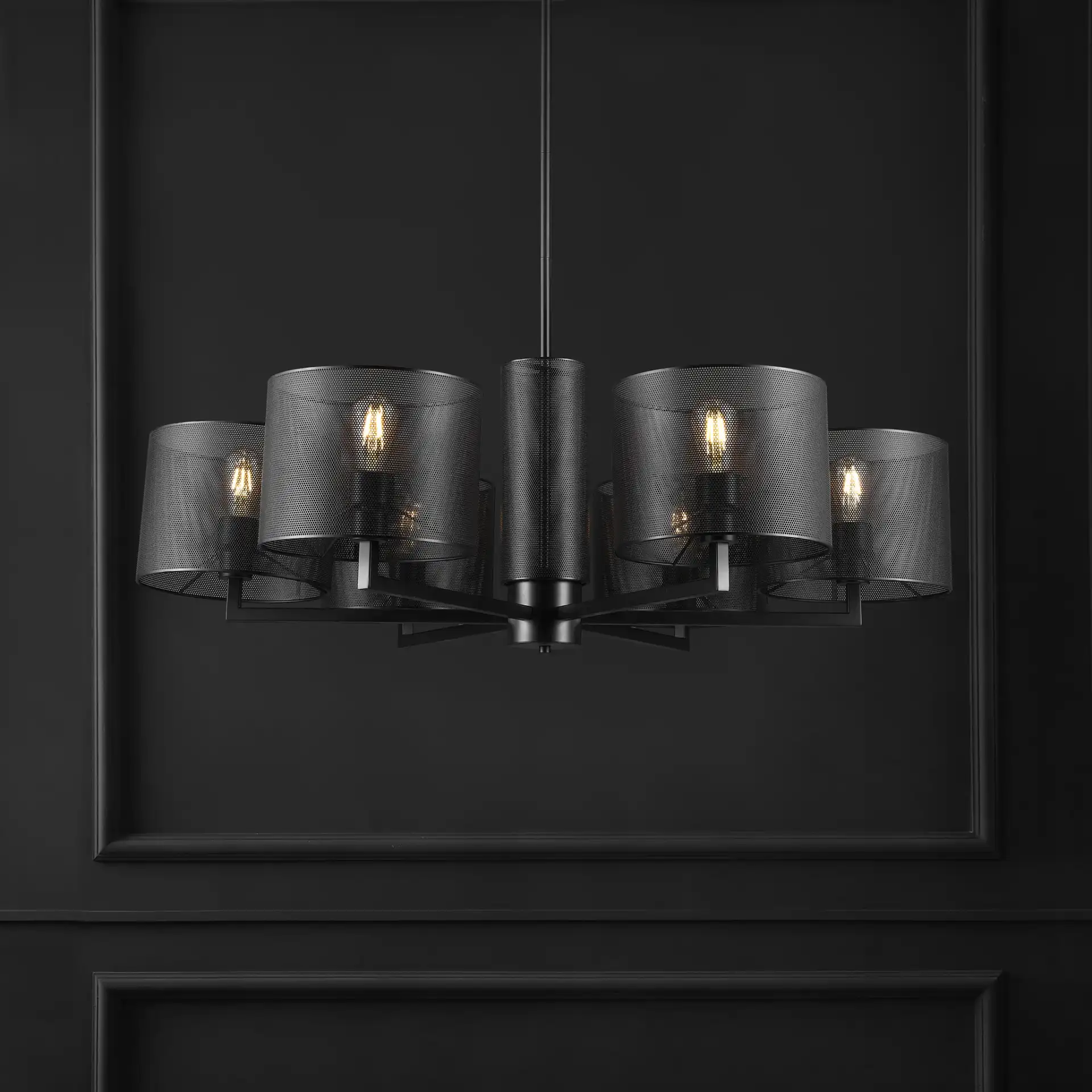 Zachaeus Six-Light Metal Chandelier in Black in a styled room