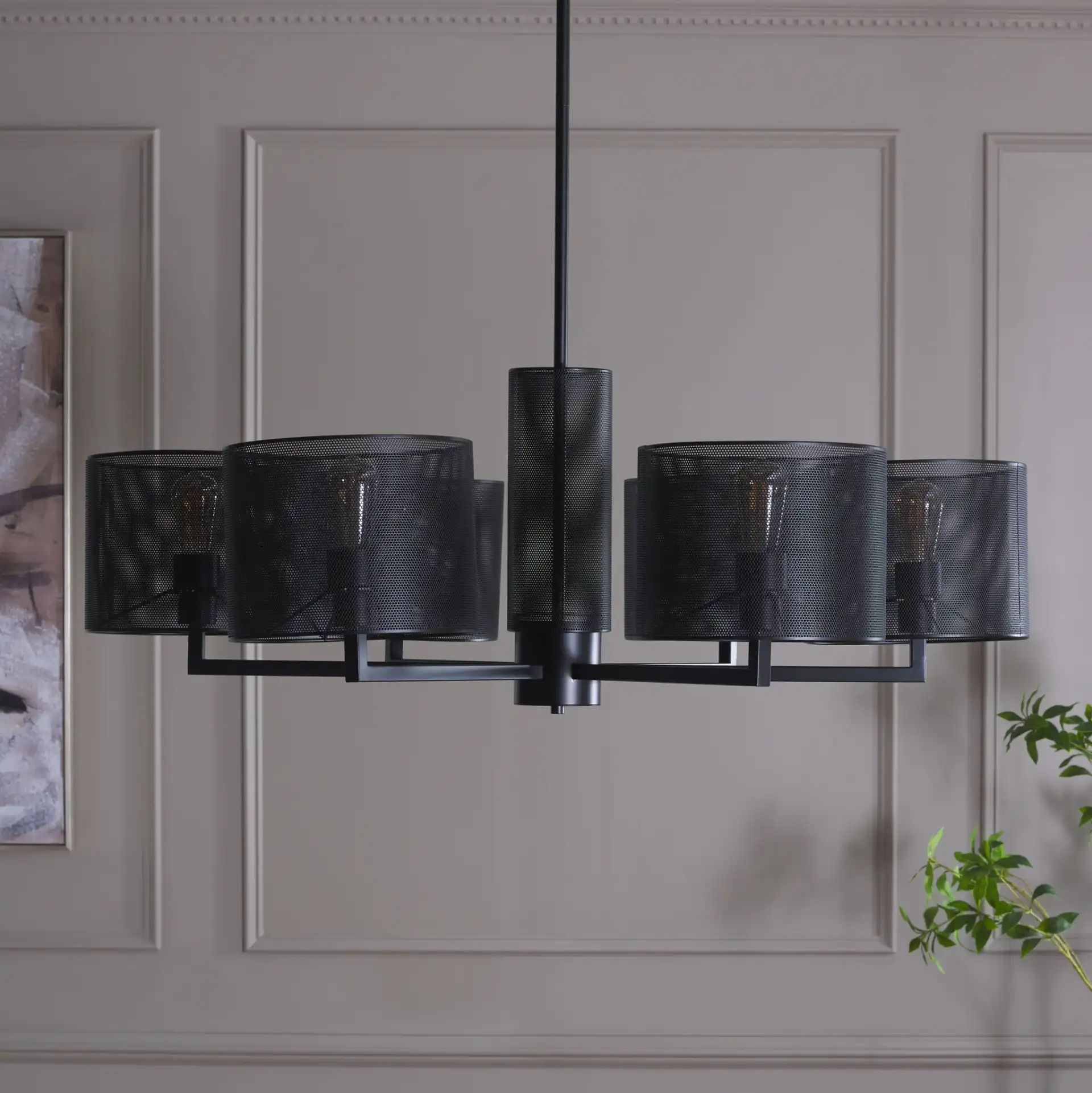 Zachaeus Six-Light Metal Chandelier in Black in a styled room