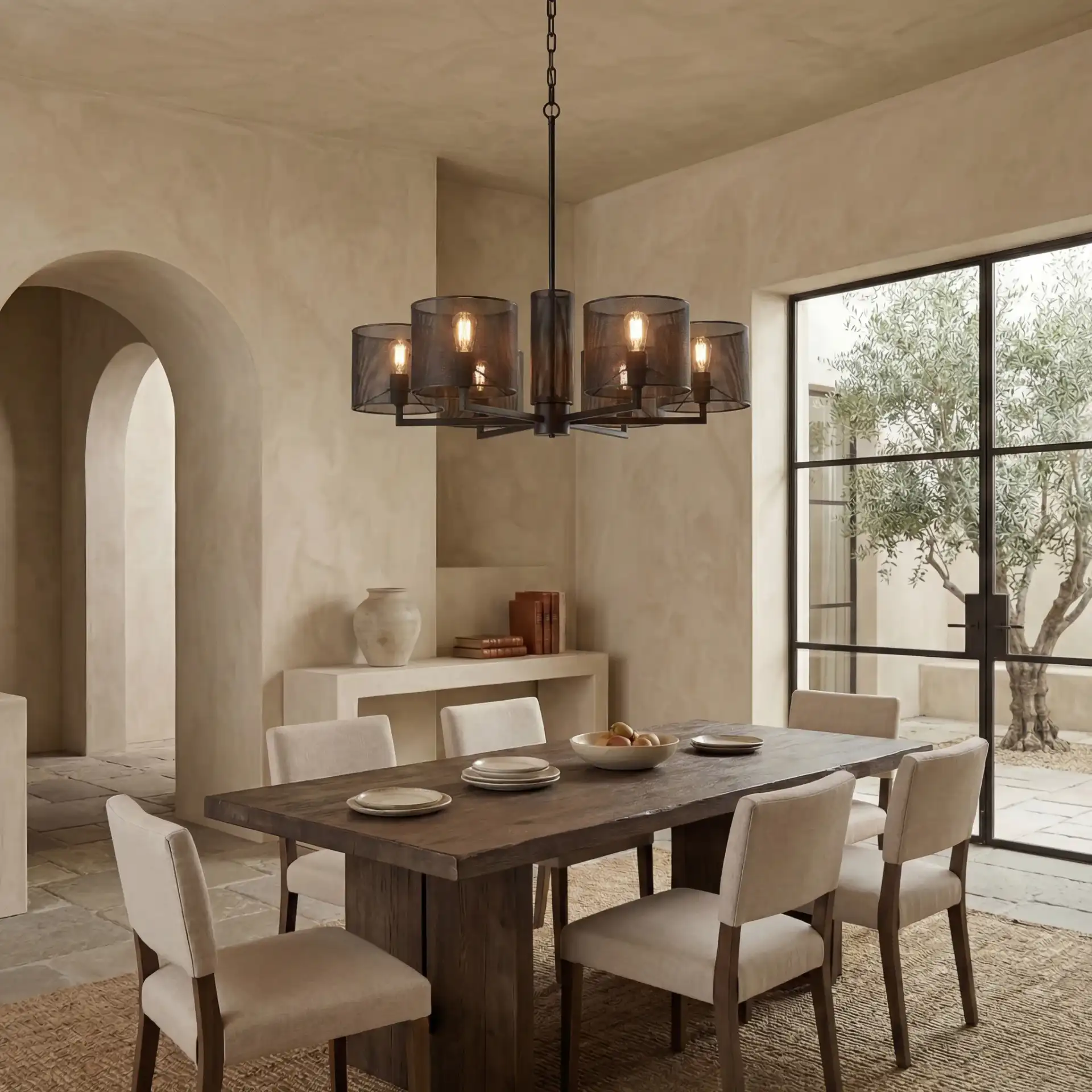 Zachaeus Six-Light Metal Chandelier in Black in a styled room