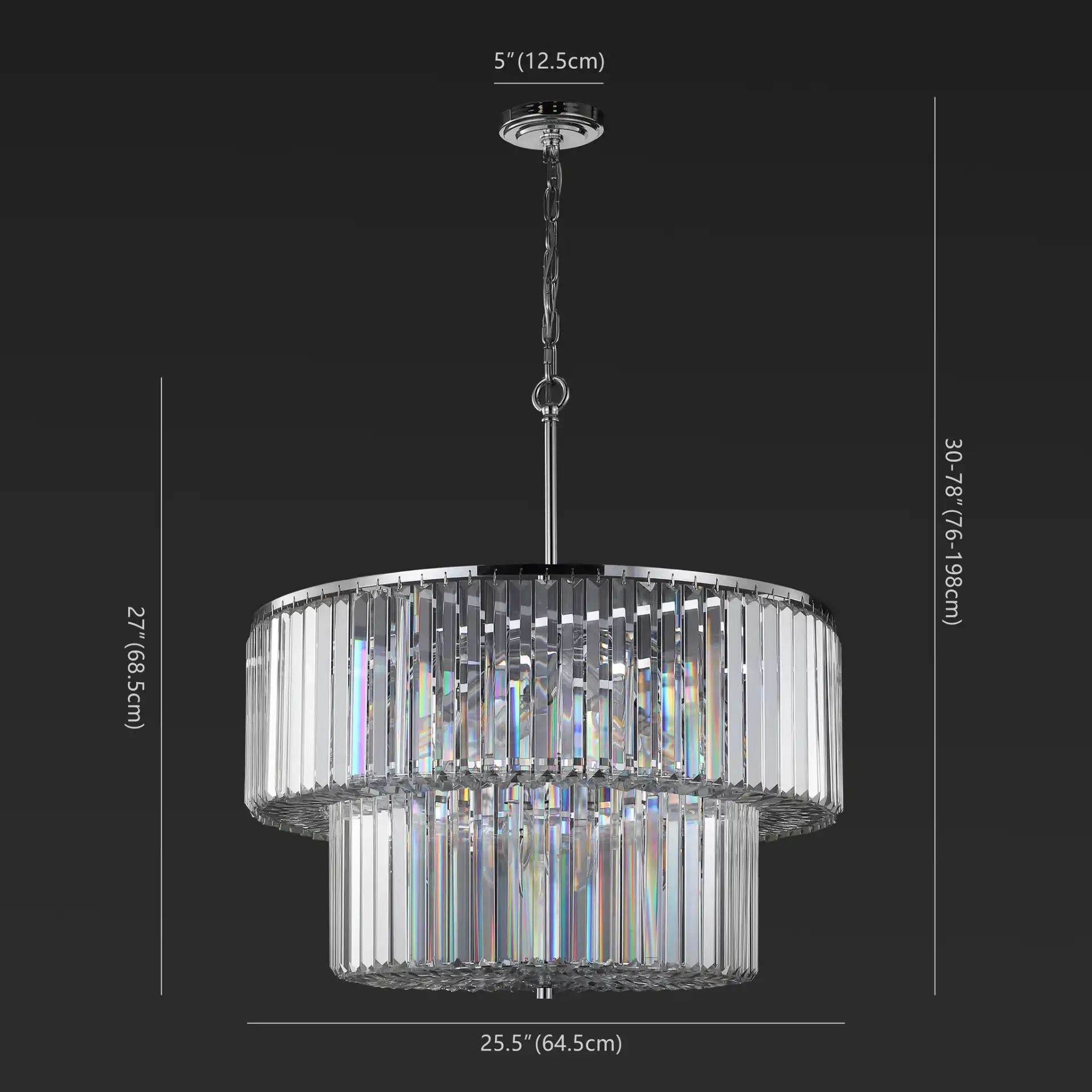 Viviann Two-Tier Crystal Chandelier in Chrome / Clear, detail view