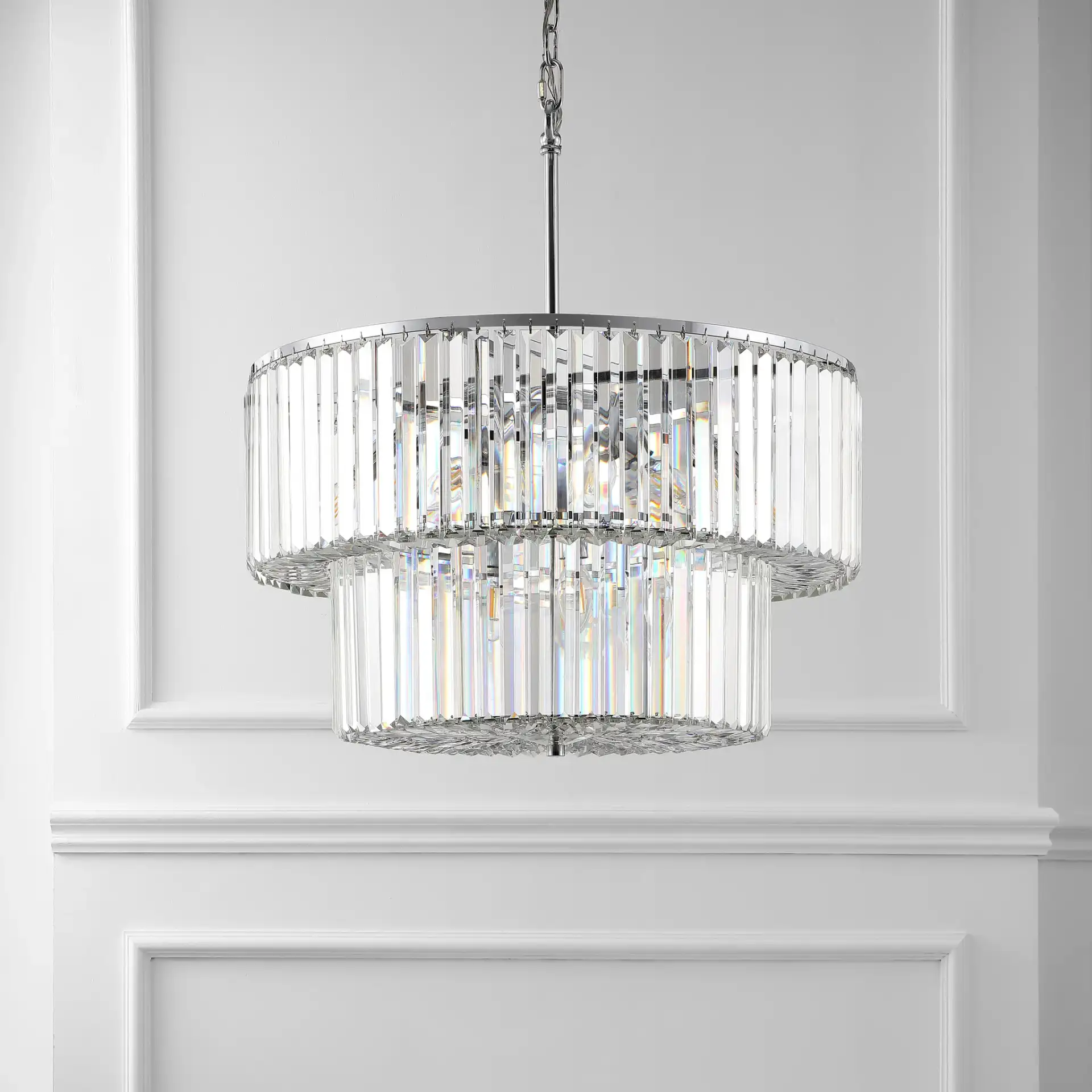 Viviann Two-Tier Crystal Chandelier in Chrome / Clear in a styled room