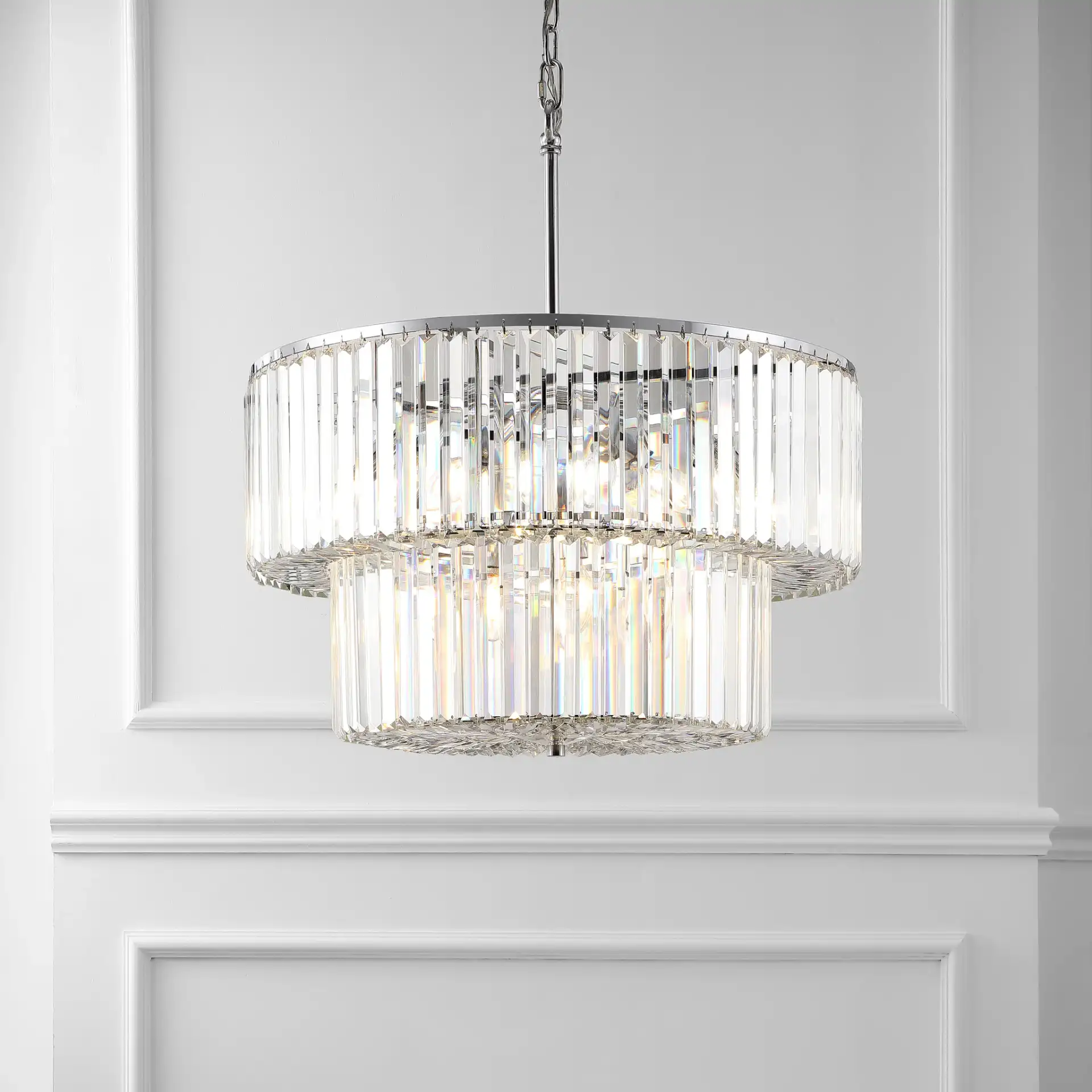 Viviann Two-Tier Crystal Chandelier in Chrome / Clear in a styled room