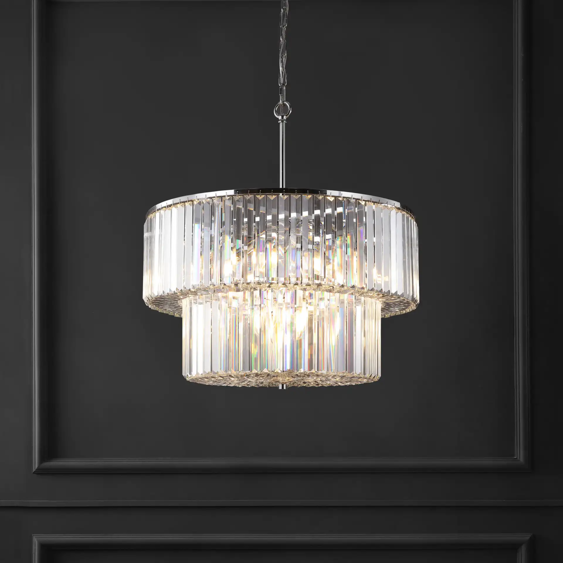 Viviann Two-Tier Crystal Chandelier in Chrome / Clear in a styled room