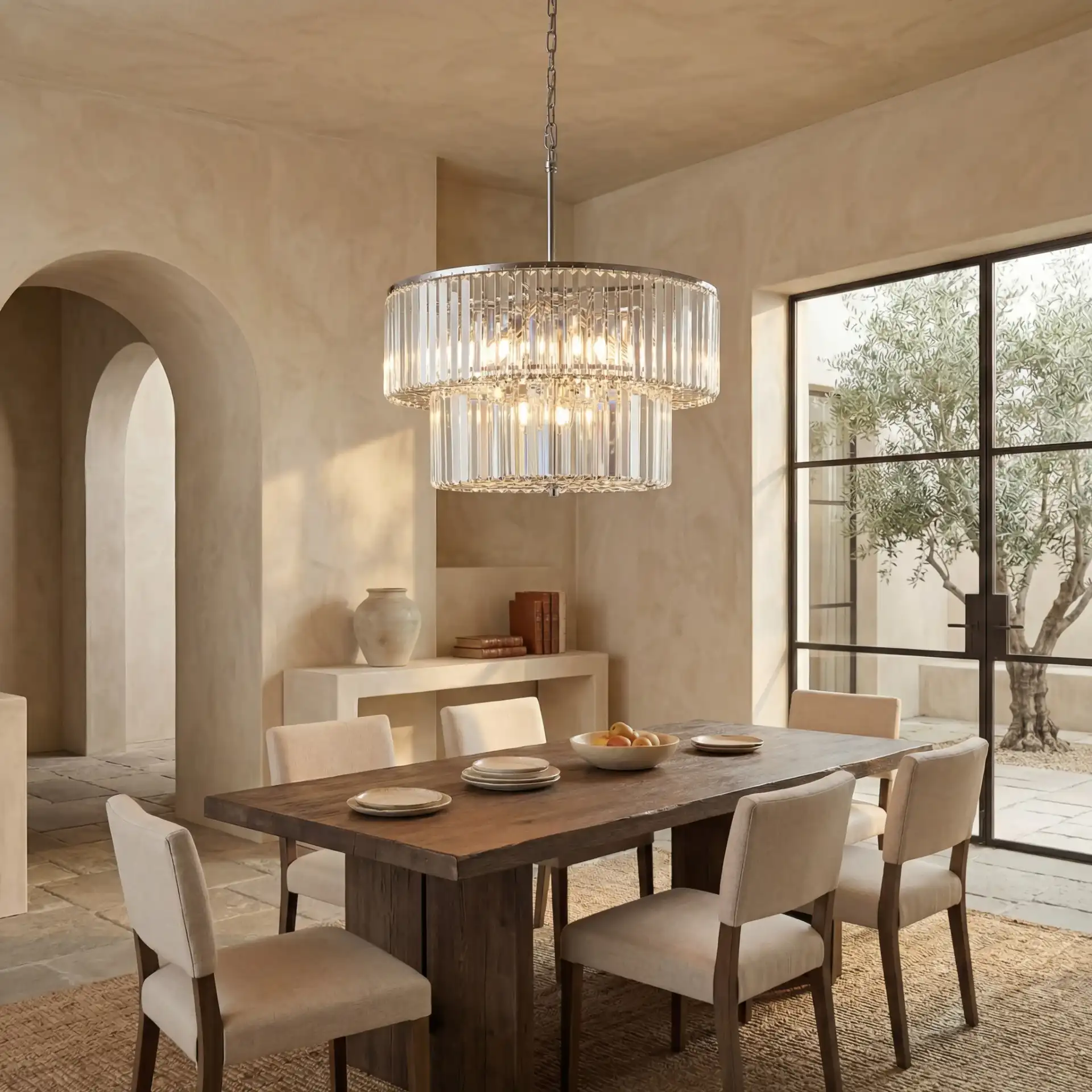 Viviann Two-Tier Crystal Chandelier in Chrome / Clear in a styled room
